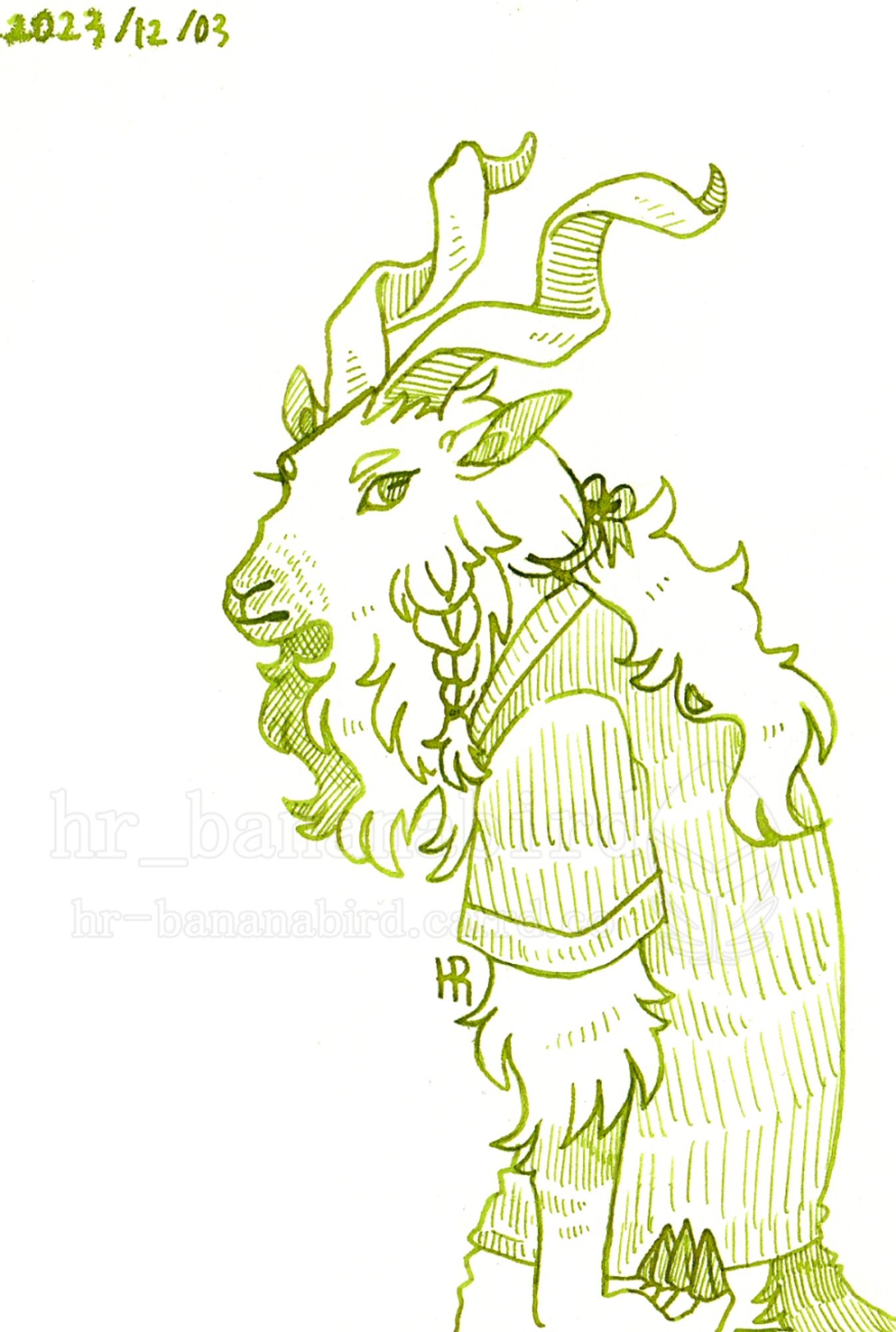 Traditional art of an anthro markhor goat drawn in green ink. They have big corkscrew-like horns and braided long fur. They have their hair tied in to a ponytail. They have their back towards the viewer and are looking behind them.