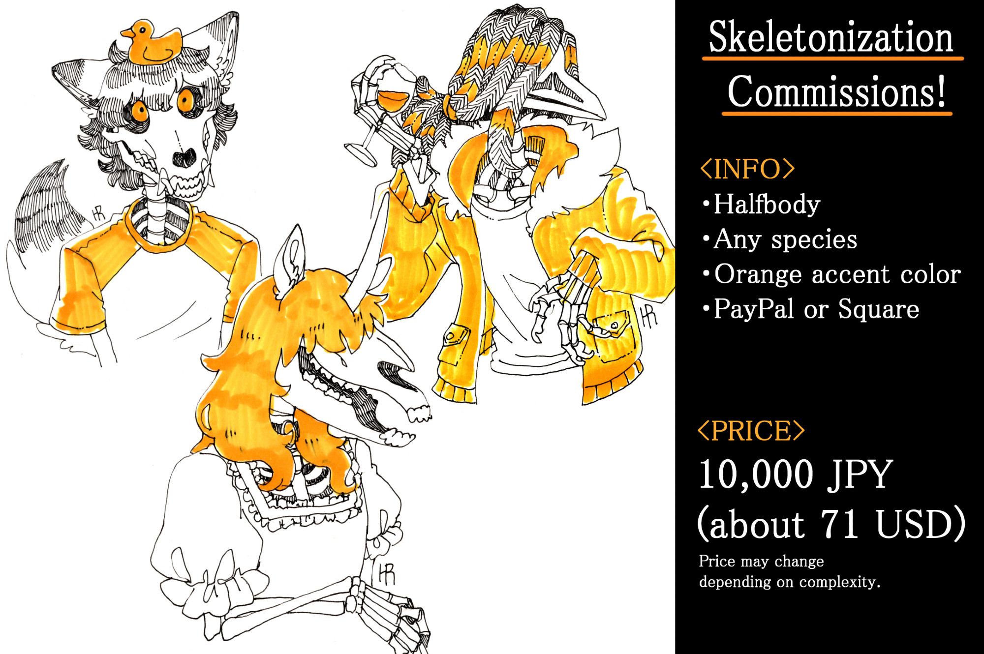 Traditional art commission announcement where I turn your character in to a skeleton.