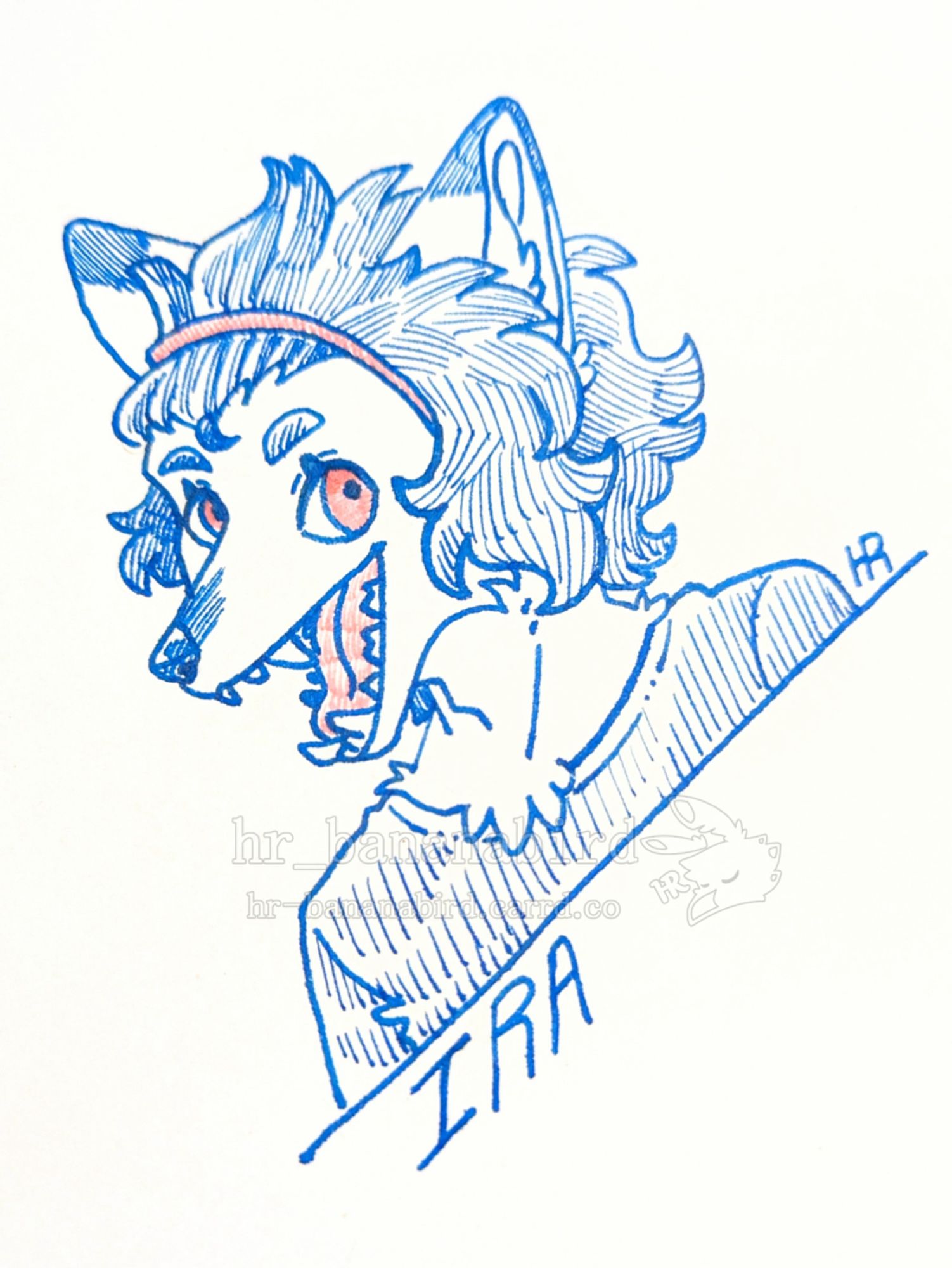 Traditional art of an anthro fox man drawn in blue ink. He has wavy short hair held back with a headband, and is smiling towards the viewer.