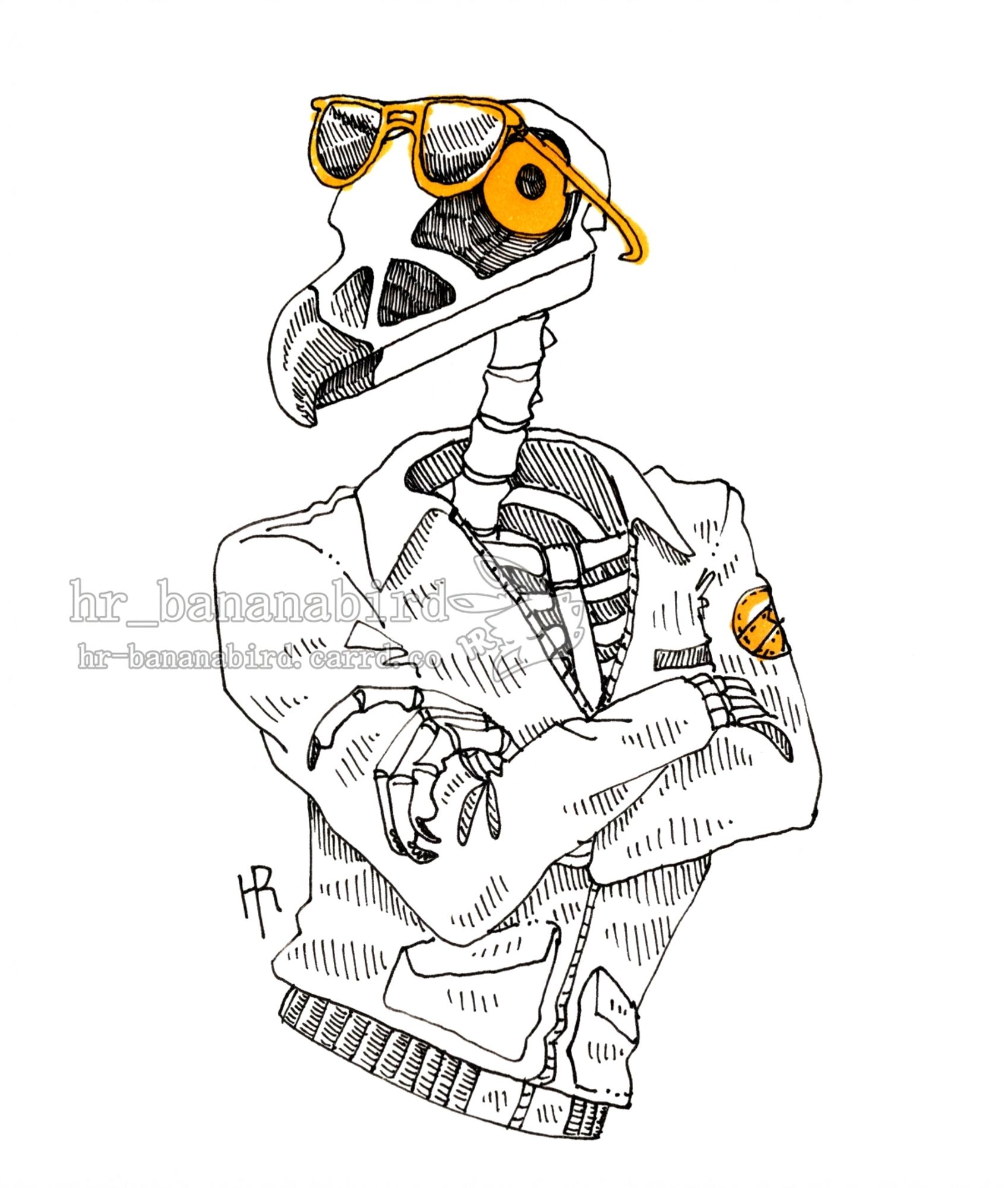 Traditional pen art of an anthro golden eagle skeleton with aviator sunglasses on his head. He has orange glowing eyes in his eye sockets, and is wearing a jacket.