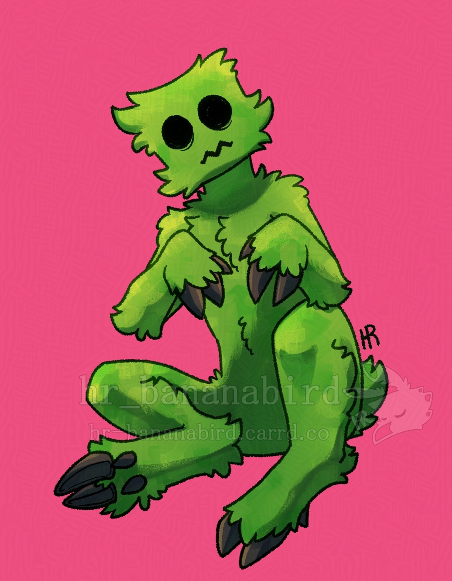 Digital art of a creeper from Minecraft, but anthropomorphic. It has green fur and black cloven hooves on its hands and feet. It is sitting on the ground looking at the viewer with a tilted head, like it's confused.