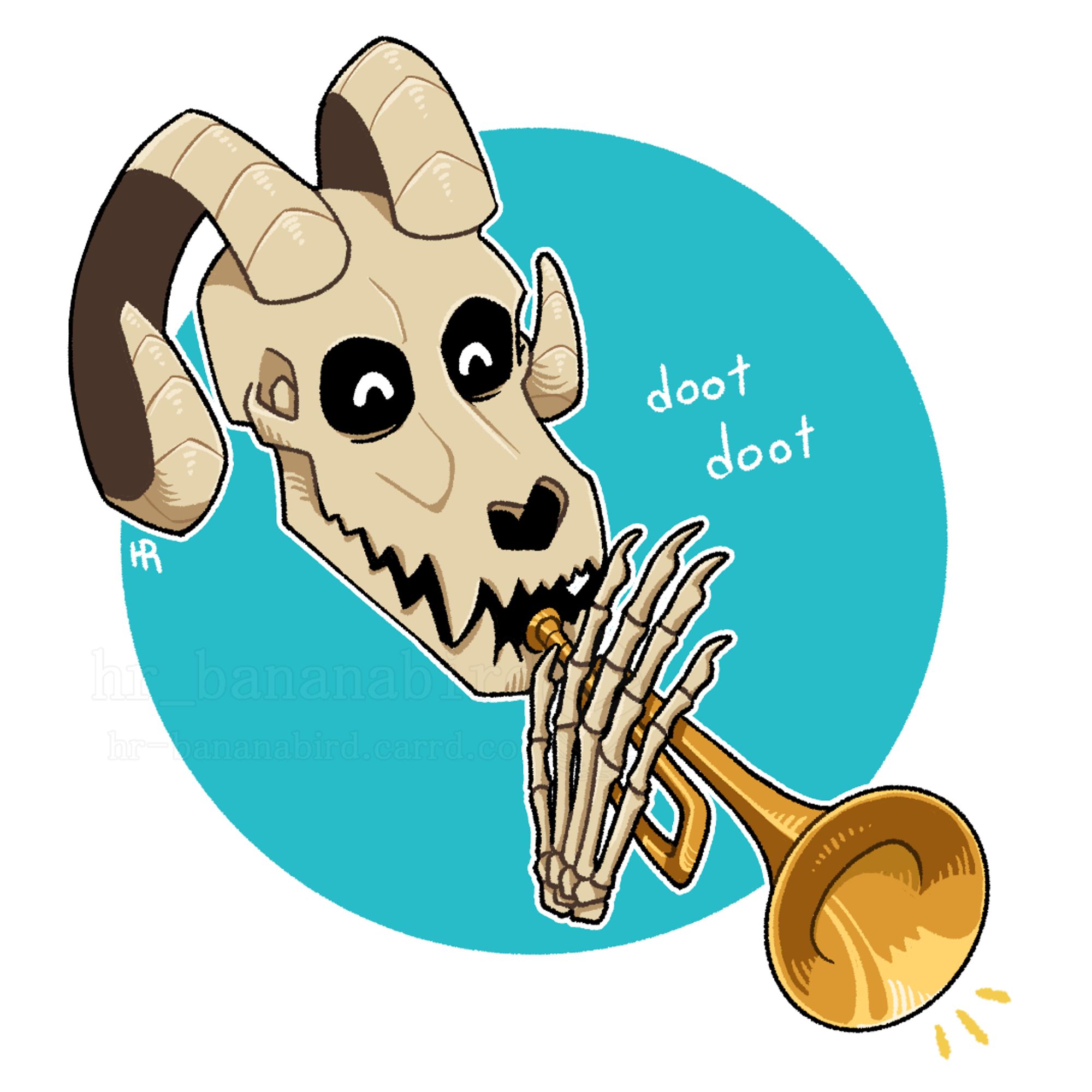 Art of a wolf skull with ram horns playing the trumpet. Small words that read "doot doot" are written near the skull.