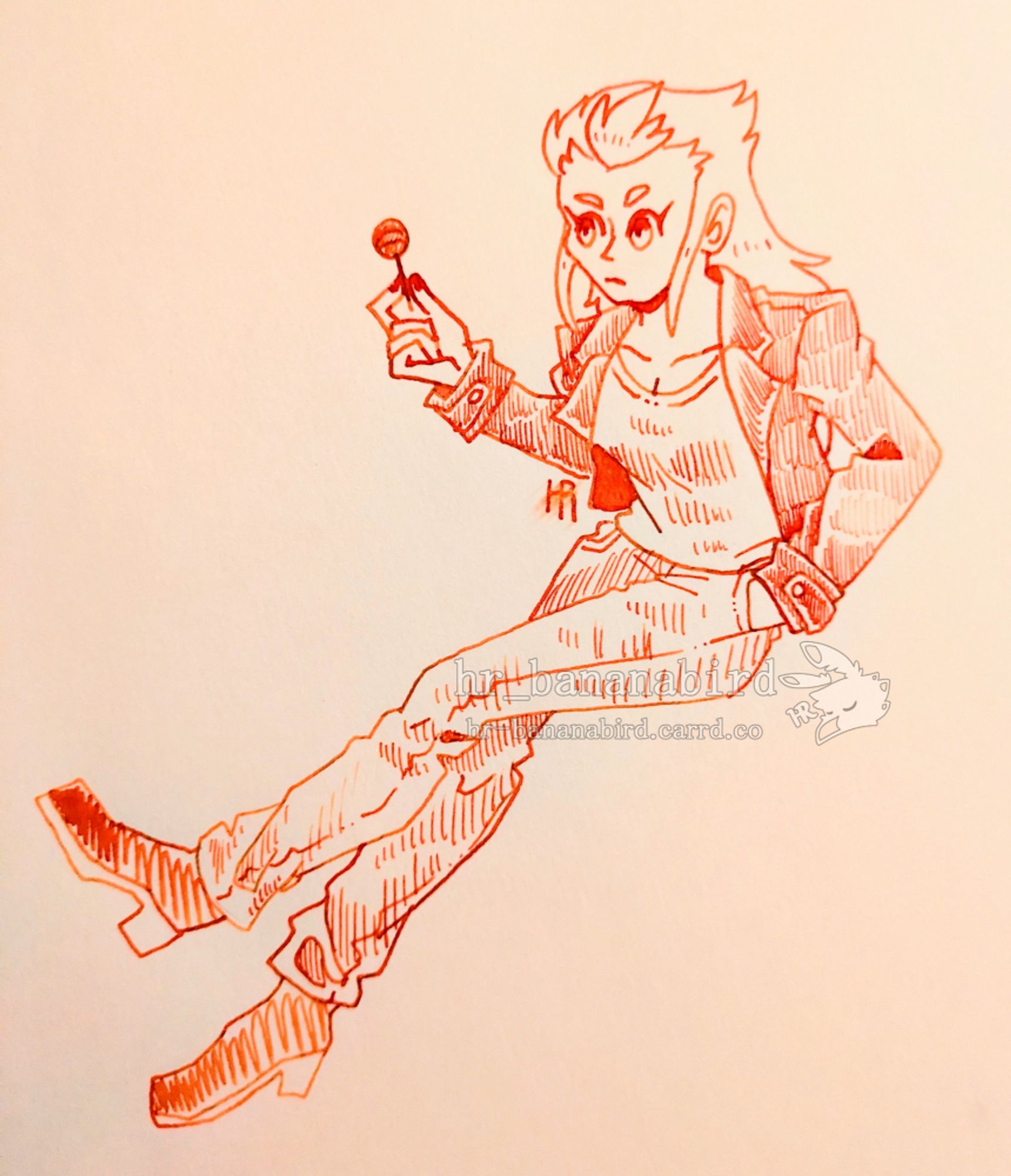 Traditional art of a human lady drawn in orange ink. She has long white hair with slicked back bangs, and is wearing a leather jacket over a T-shirt, jeans and boots. She is holding a lollipop in her right hand, and has her left hand in her pocket.