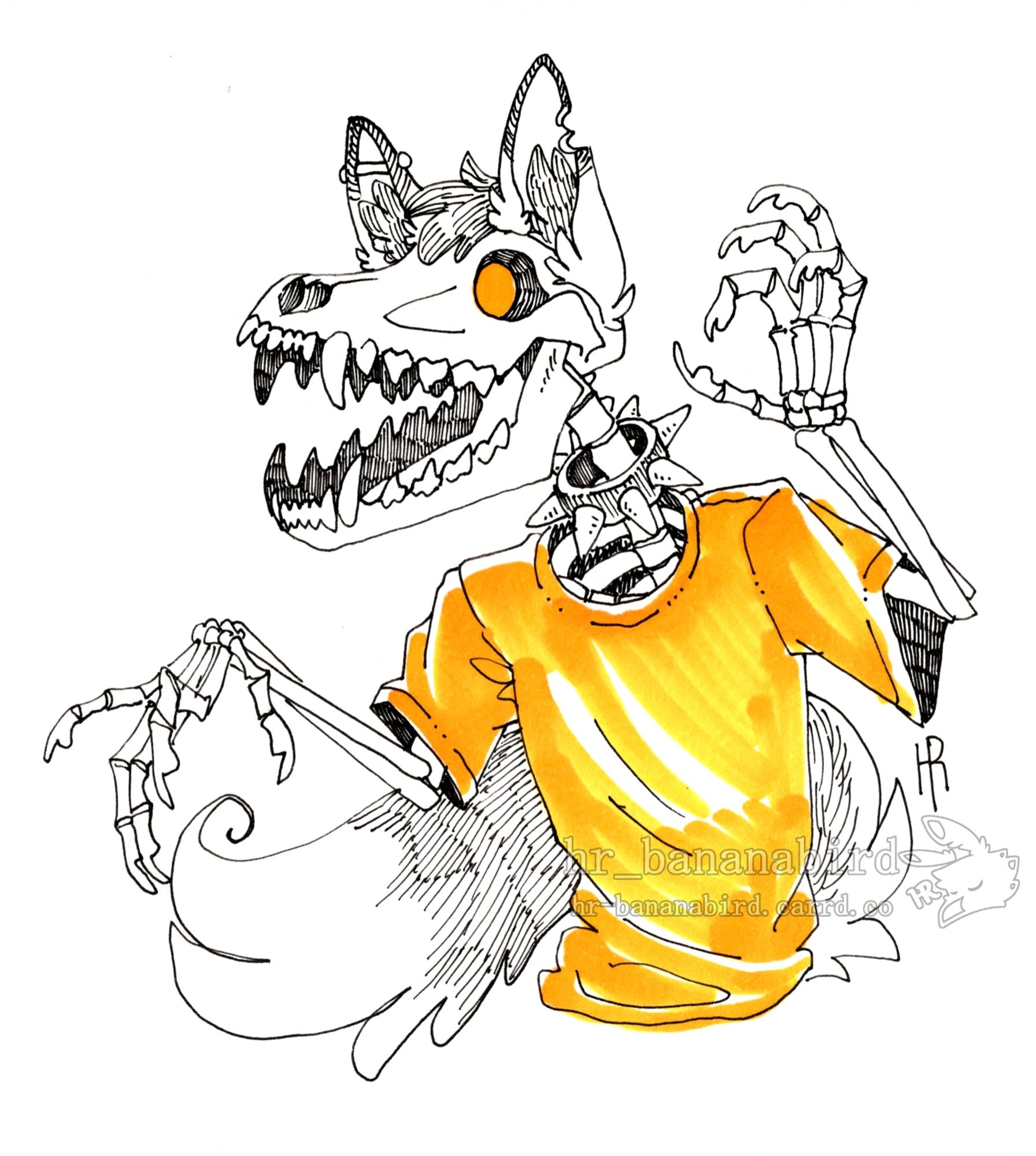 Traditional pen art of an anthro fox skeleton with a spiked choker. He has orange glowing eyes in his eye sockets, fox ears with his left ear having a notch in it, a fluffy tail, and is wearing an orange T-shirt.