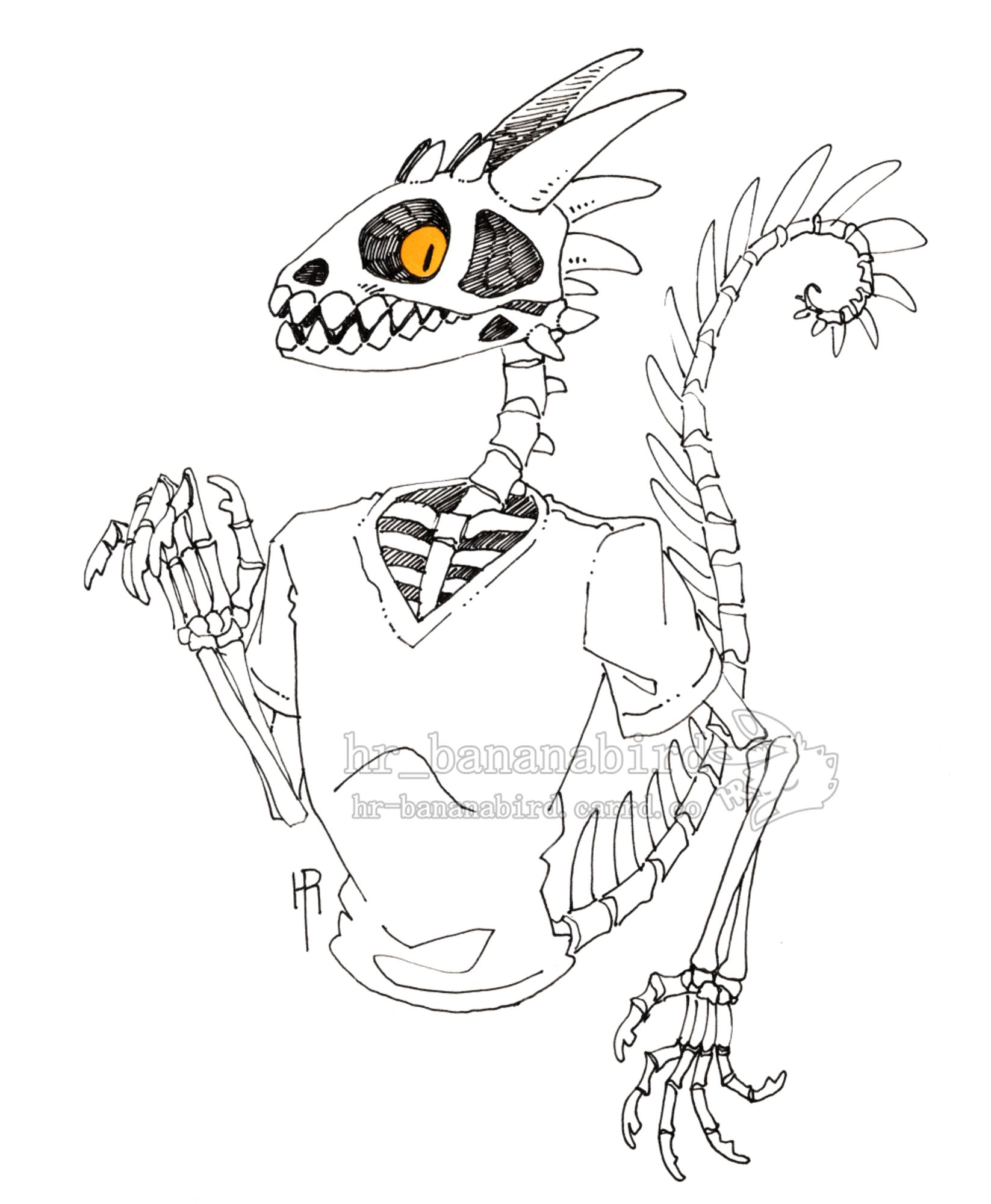 Traditional pen art of an argonian skeleton, which looks like a lizard with horns. He has orange glowing eyes in his eye sockets, and is wearing a white V-neck T-shirt.Traditional pen art of an argonian skeleton, which looks like a lizard with horns. He has orange glowing eyes in his eye sockets, and is wearing a white V-neck T-shirt.