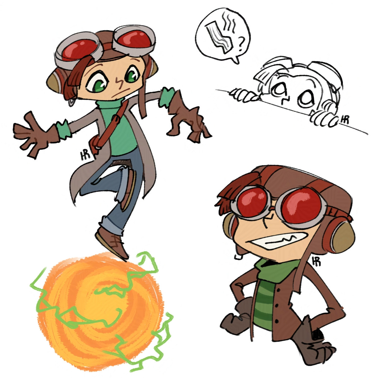 Digital doodles of Raz from the video game Psychonauts. The left doodle is him balancing on a ball of psychic energy. The bottom right doodle is him looking proud with his goggles on. And the small doodle on the top right is him peeking from over the counter and begging for a piece of bacon.