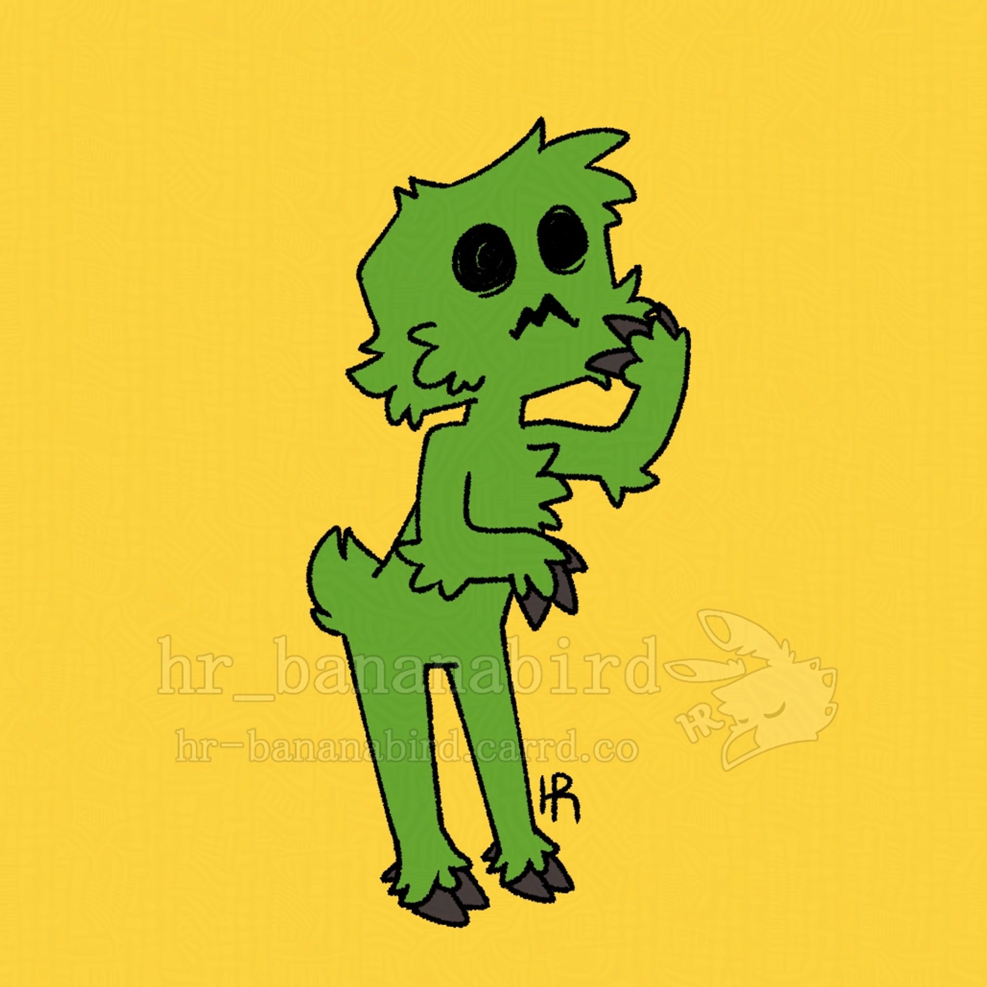 Digital art of a creeper from Minecraft, but anthropomorphic. It has green fur and black cloven hooves on its hands and feet. It has its left hand on its chin, like it's pondering something.