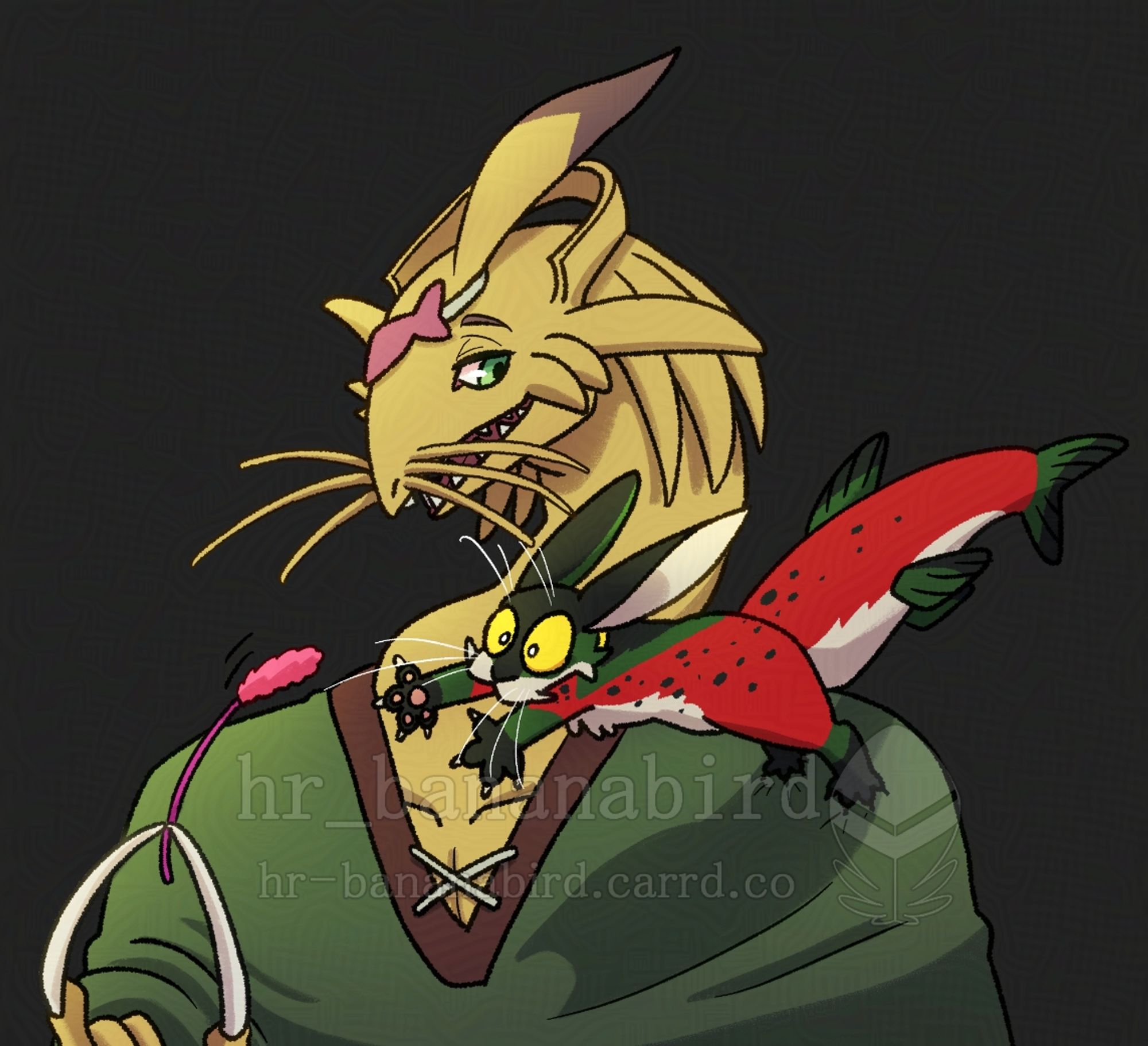 Digital art of a yellow anthro dragon man and his little salmon/cat hybrid pet. The dragon is holding out a pink colored cat toy and the salmon cat is jumping towards it with excited eyes. The dragon is wearing a green poncho.