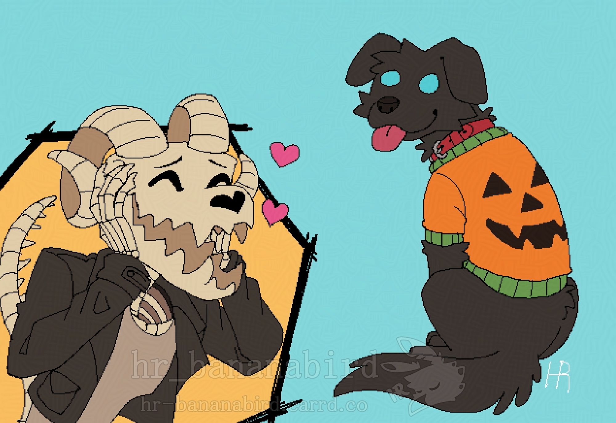 Digital art of a skeleton with a wolf skull and curled ram horns, doting over a black dog wearing an orange jack o'lantern patterned sweater. The skeleton is wearing a black leather jacket over a beige T-shirt.