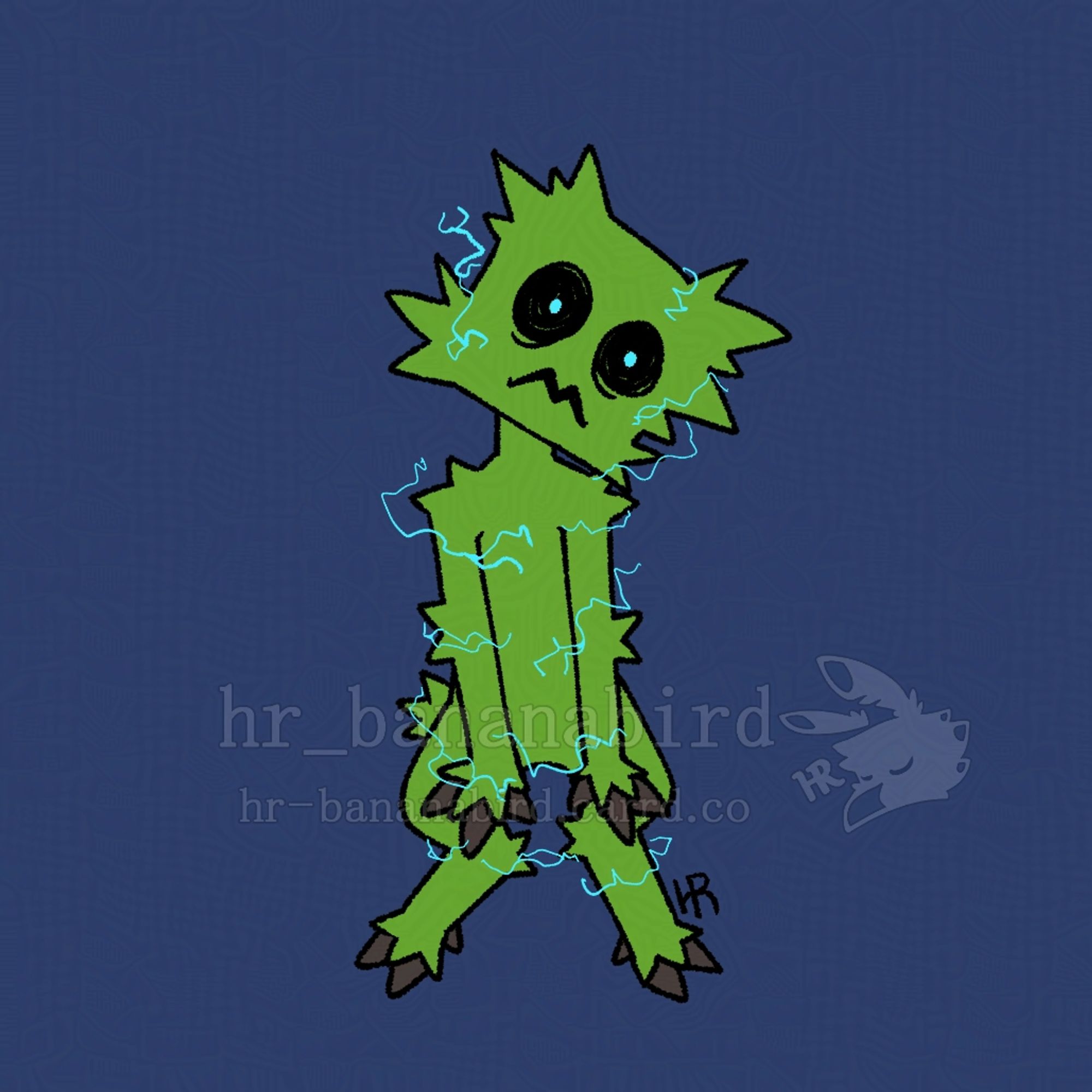 Digital art of a charged creeper from Minecraft, but anthropomorphic. It has green fur, black cloven hooves on its hands and feet, and cyan blue lightning surrounding its body. Its fur looks spiky from the electricity, and it's staring at the viewer.