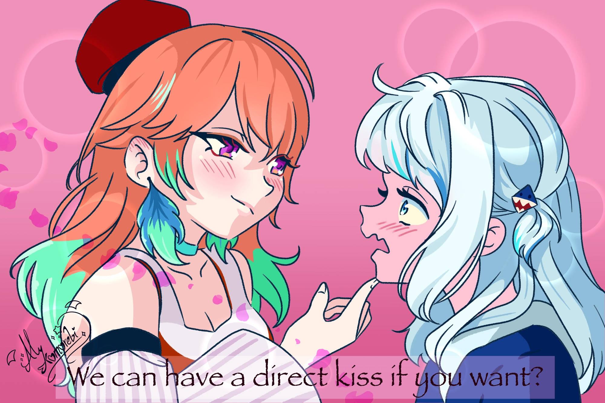 Kiara caressing Guras chin as she looks into her eyes with the text:

We can have a direct kiss if you want