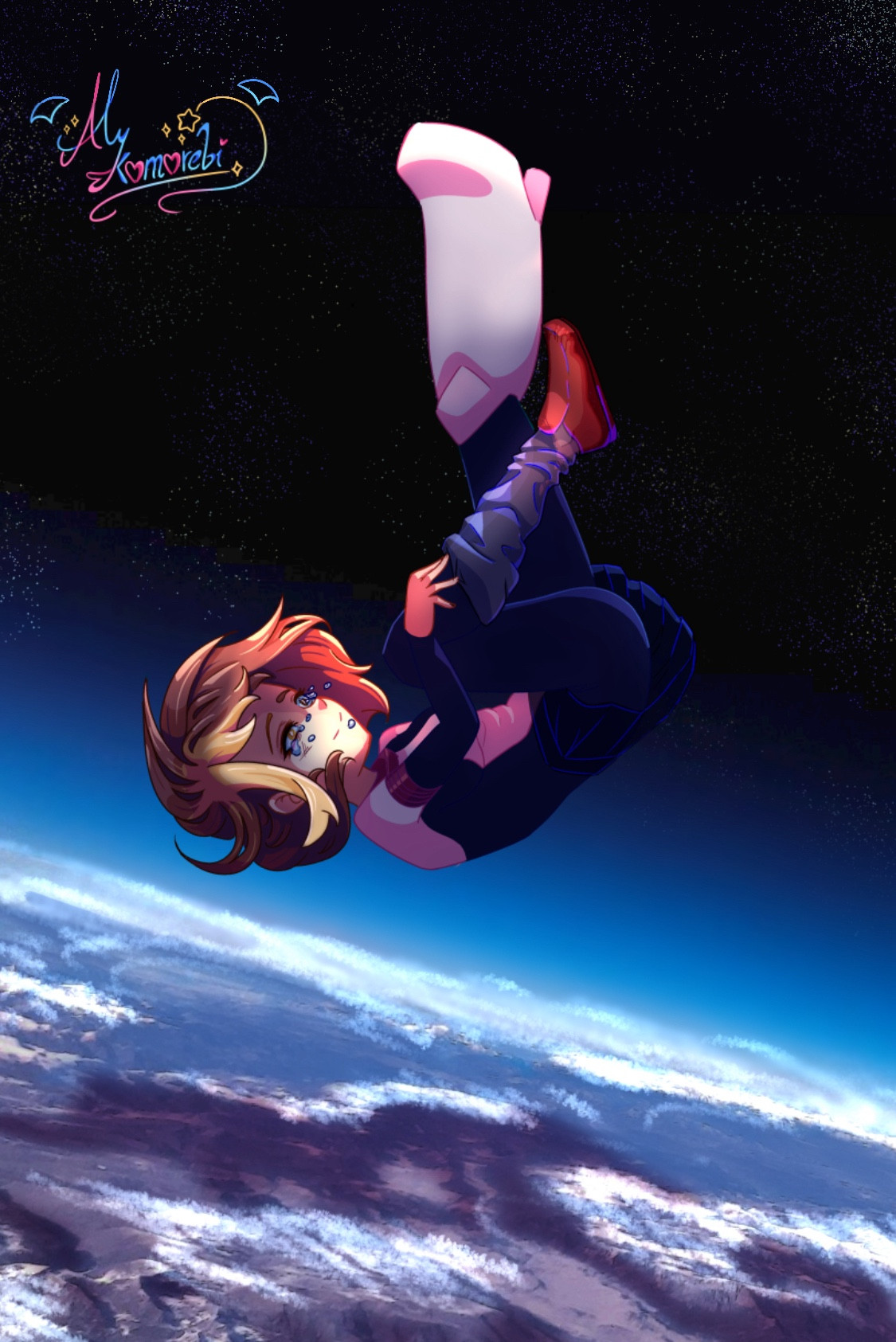 Ochako mixed with toga floating at the edge of the hemisphere with the earth behind 