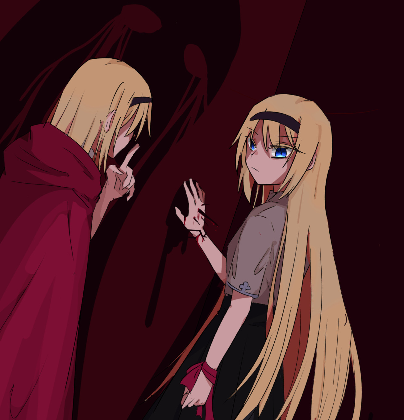 in a dark red place, two identical looking blonde girls look at each other. one places her hand on the wall, the shadows piercing her palm. the other lifts a finger to her lips, hushing her as the shadows behind her wail.

old art with the protagonist of Who is the Red Queen? horror fantasy yuri visual novel.