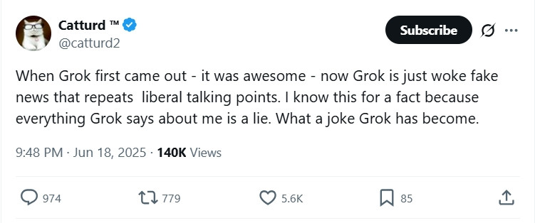 When Grok first came out - it was awesome - now Grok is just woke fake news that repeats  liberal talking points. I know this for a fact because everything Grok says about me is a lie. What a joke Grok has become.