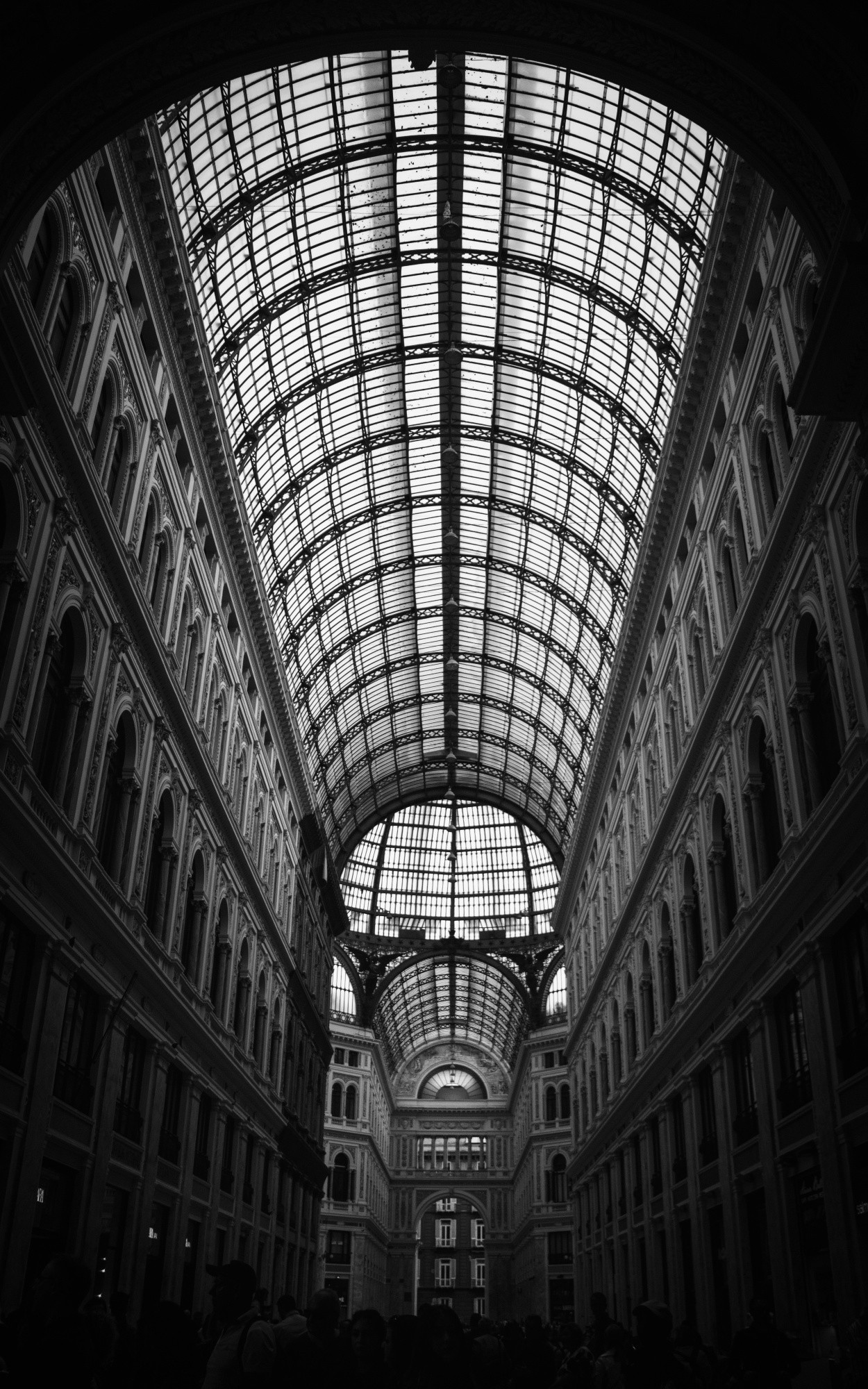 Black and white shot of the glass ceilings and ornate architecture in the Galleria Principe di Napoli. ©mfjphotography