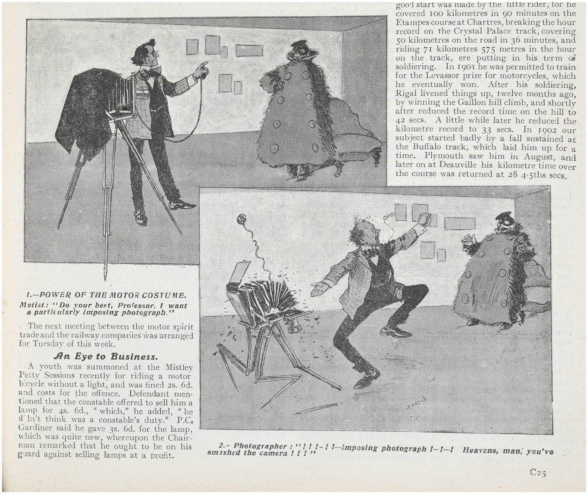 Illustration titled ‘Power to the Motor Costume’ published in Motorcycling and Motoring, 26 November 1902, 279.