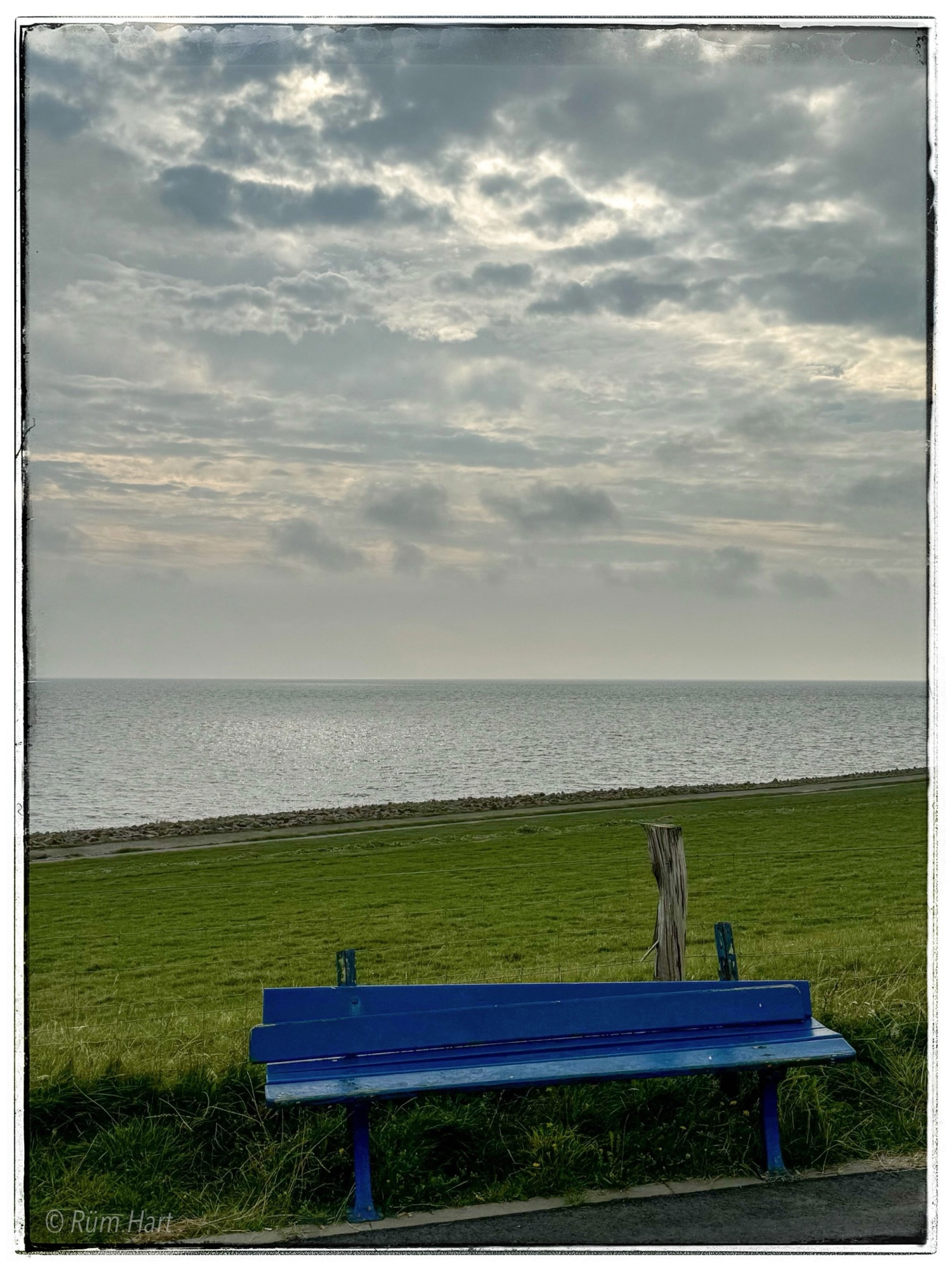 Eine blaue Bank, deren Rückenlehne defekt ist, steht vor einem Weidezaun. Ein grüner Deich und die Nordsee befinden sich dahinter. Der Himmel ist grau und bewölkt.