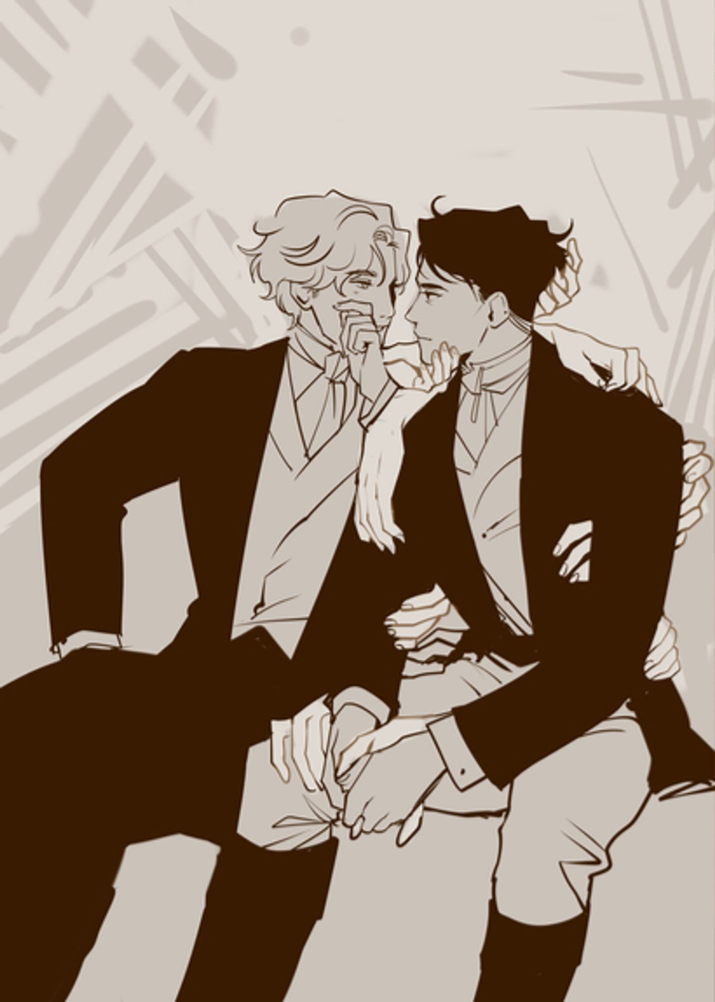 James and  Will monochromatic fanart from Dark Rise books, it's a study with the same composition as an illustration from Leyendecker, originally with two gentlemen sitting dressed in tuxes. Here, James and Will are sitting close, looking at each other, while several hands touch Will on shoulder, neck, hair, waist, legs.