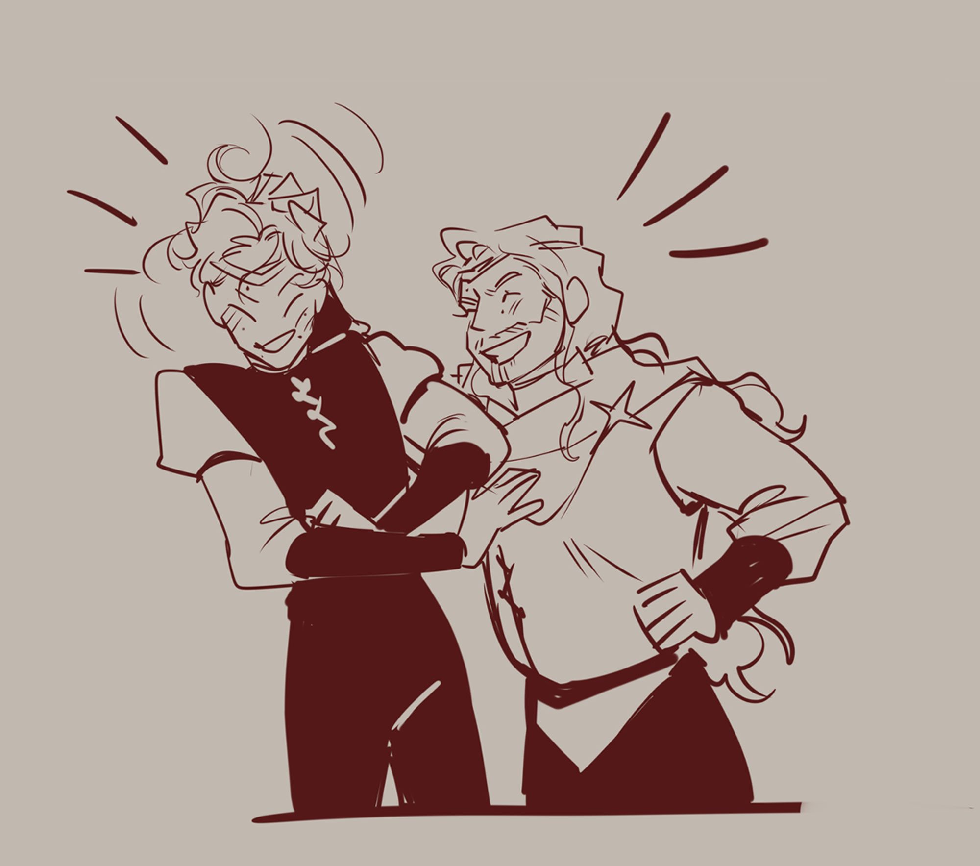 The image continues the previous one, in the same simple lineart style; king Auguste laughes in reaction to what Laurent is saying and teases, reaching out his hand to playfully messing Laurent's hair like he was still a kid; laurent laughes badk while playfully pushes Auguste away without any heat, they're having a fun brotherly banter.