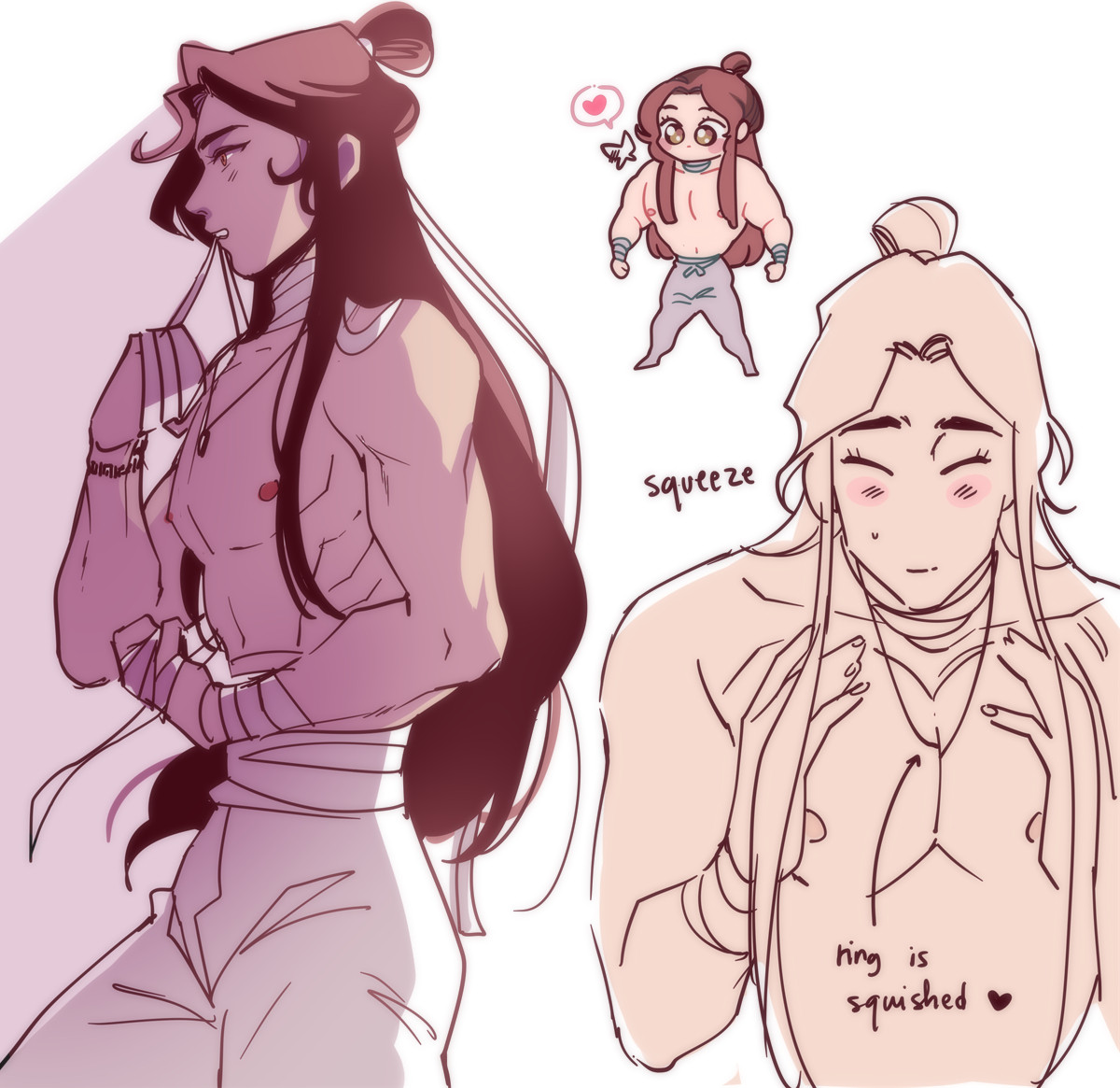 3 doodles of Xie Lian (from tgcf), all showcasing his muscles. One has him flexing on profile, other has him chibi but full of beef, and the last has him smiling as he squiches his boobs together with hua cheng ring between them.