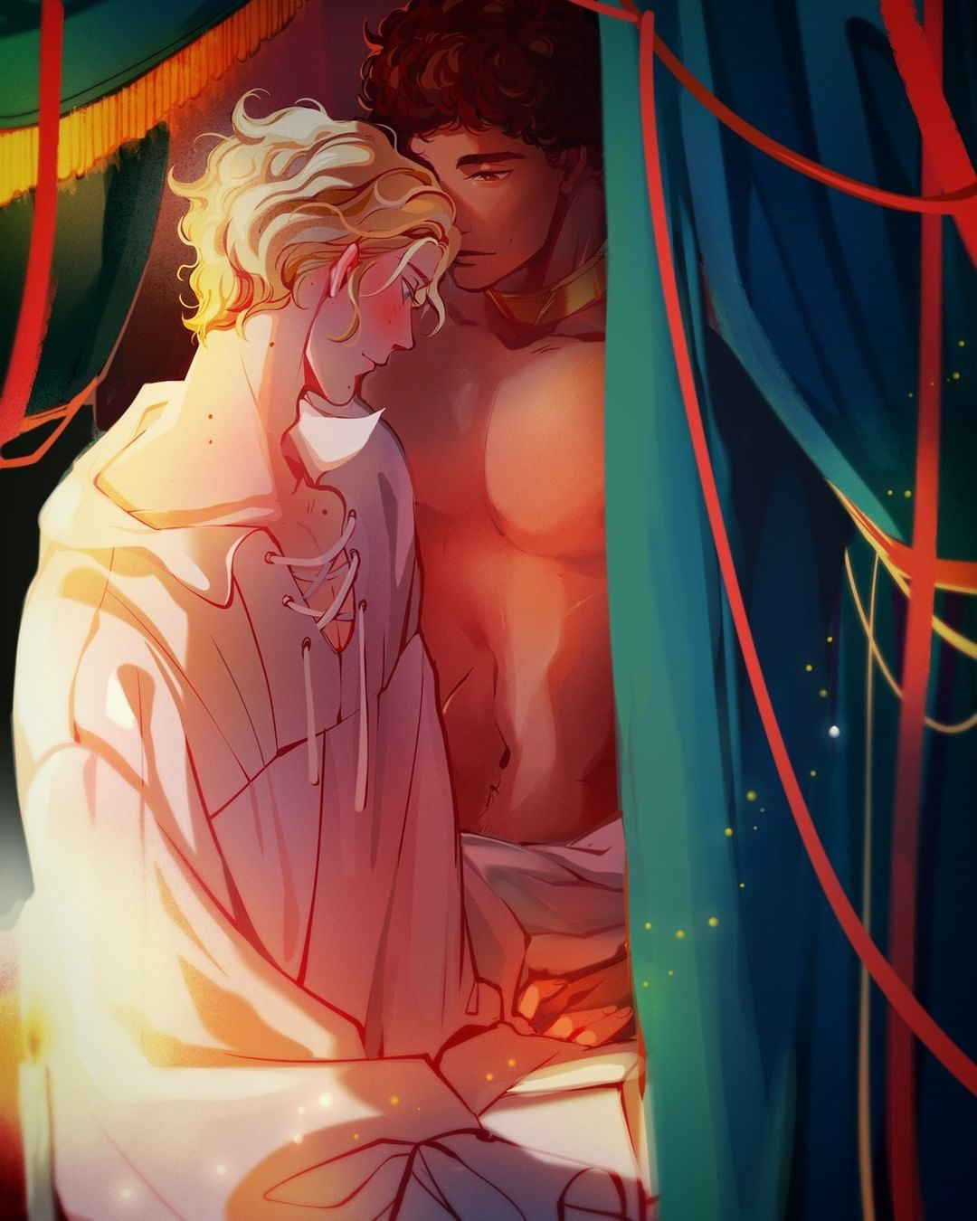 Lamen fanart based on a scene from bonus chapter 19.5 from Prince's Gambit. Laurent is sitting on the bed face turned from candle light, with a tender expression and holding Damen's hand. He's dressed in a loose, big inner shirt. Damen is half hidden, half illuminated, apparently naked behind the curtains. He's tenderly smilling and looking closely to Laurent's face. The light/shadow makes the piece look intimate and cozy.