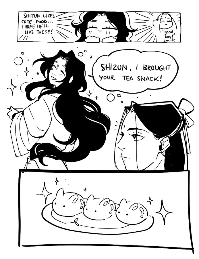 Comic of svss in two pages: page 1: Binghe thinks to himself "Shizun likes cute food, I hope he'll like these", hoping to hear he's a good boy; Next panel, has Binghe bringing a trail of food and sing-saying "Shizun, I brought your tea snack". Zooming in to last panel, it shows the food are 3 shiny jellybeans shaped as cute bunnies.