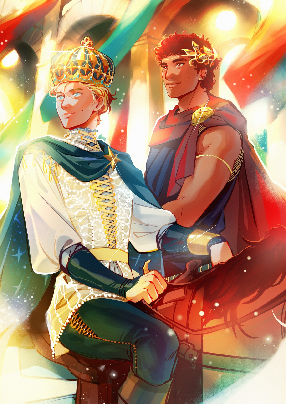 Fanart of the book series Captive Prince, by C. S. Pacat; Laurent in crowned and mounted on a horse, looking forward; he's wearing white/cream clothes and a blue cape, looking regal. He has white skin, blonde and short hair, as well as nlue eyes. At his side, Damianos e crowned in laurels, with a black chiton with gold details, and a crimson cape. He has dark skin, brown eyes and his hair is dark, short and curly. They piece has warm colors, and is well illuminated, making them sparkle in glory and two kings who just ascended to their thrones, in alliance.