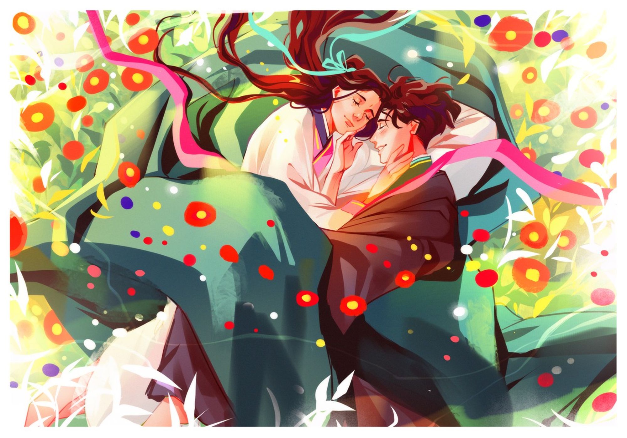 Shen Jiu and Shen Yuan lying side by side on a grass field, with red blooming flower aroun them. They have their eyes close, smiling their hands touch each others face. Shen Yuan has short hair and Shen Jiunhas long hair half loose over the ground. It's a peaceful piece.