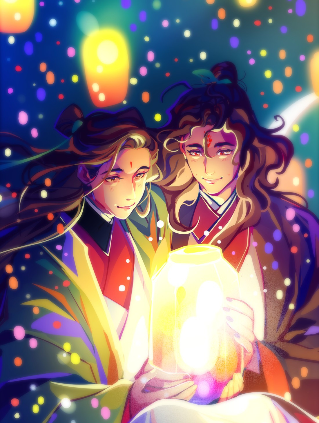 SVSSS fanart; Shen Qingqiu and Luo Binghe holding a lantern at night, surrounded by glowy and colorful spots. They're sitting close and looking at the latern, one of binghe's hands and are under one of shizun's. This was a piece for last months of an illustrated calendar, so I was trying to convey hopes for the new year.