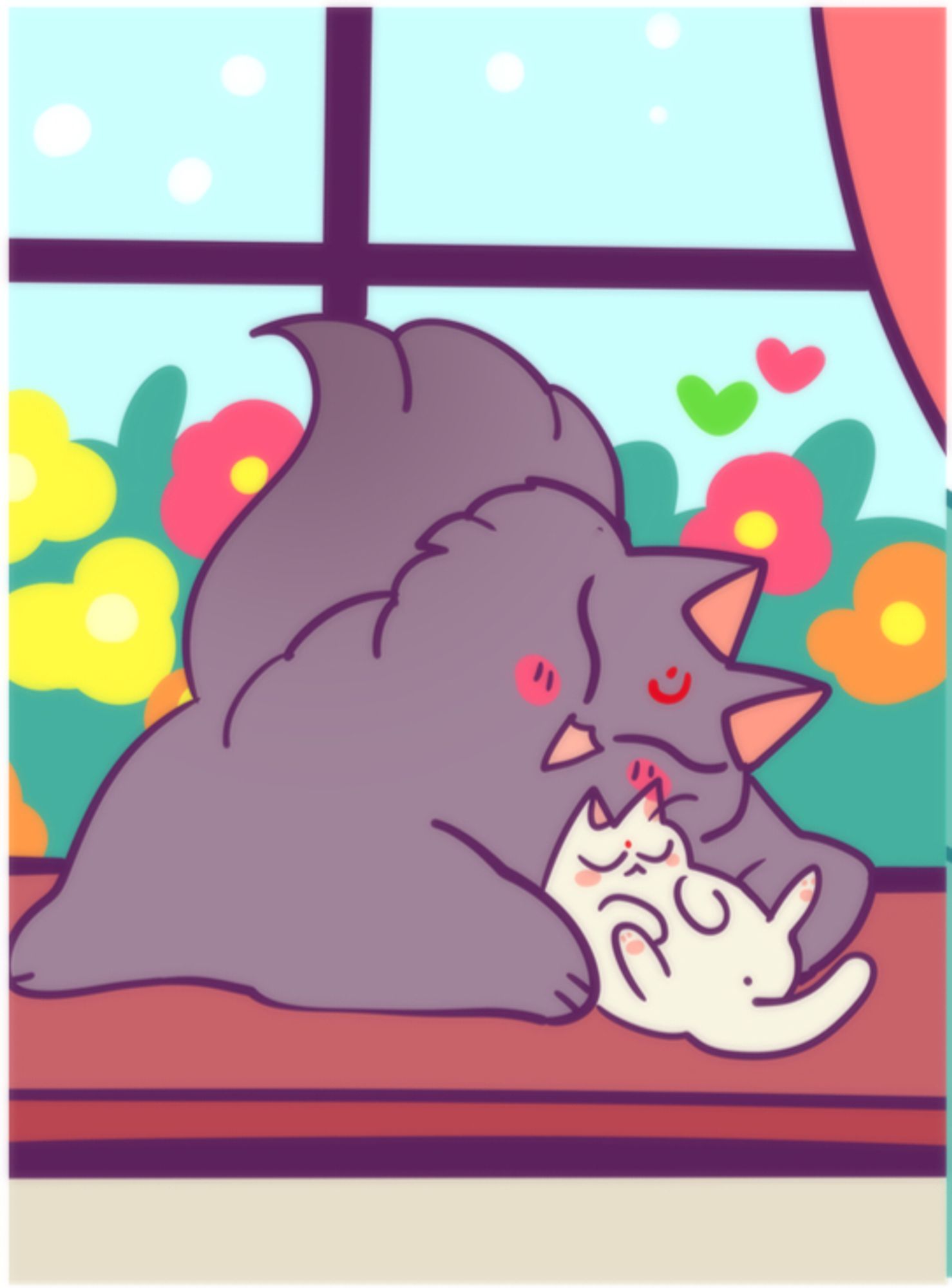 Animal version of the characters luo binghe and shen jiu from svsss; binghe is a smiley big grey cat nuzzling his cheek on a very small white catjiu's head, who rests contently with belly up. They're both on a window sill in front of a garden.