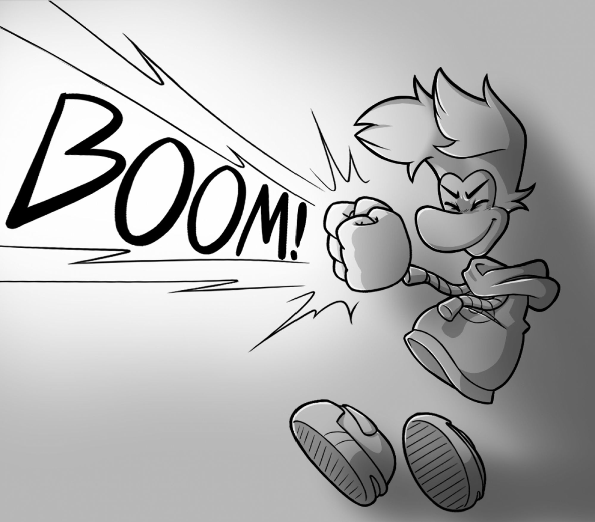 A drawing of Rayman shooting a laser blast from his hands