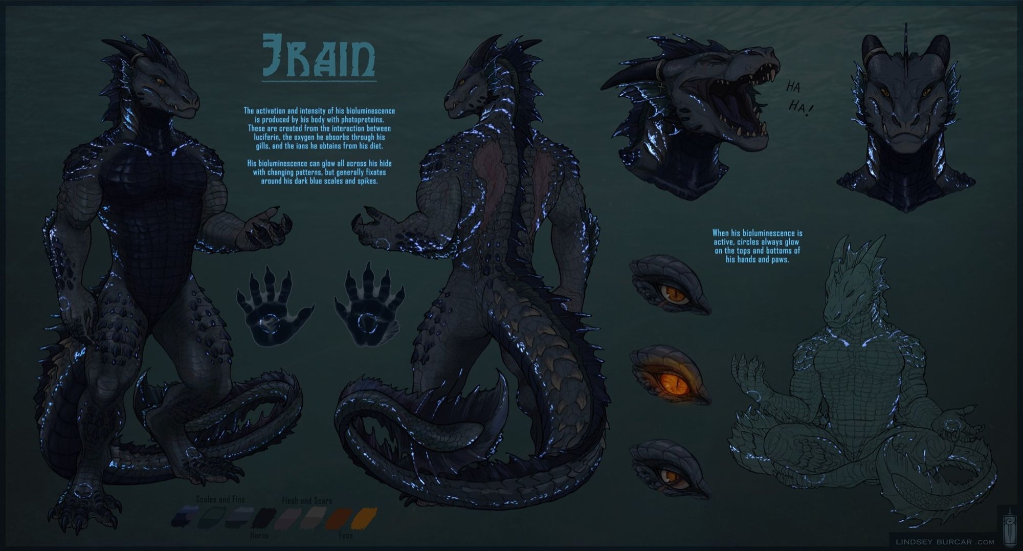 A version of the reference sheet above with less lighting, showing Jrain glowing with bright blue bioluminescence across his body.