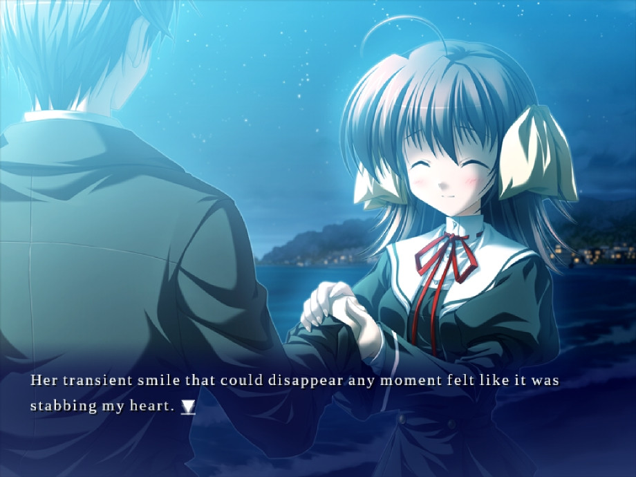 miyako and hiro holding hands on the beach at night. miyako is smiling with her eyes closed

[text]
her transient smile that could disappear any moment felt like it was stabbing my heart