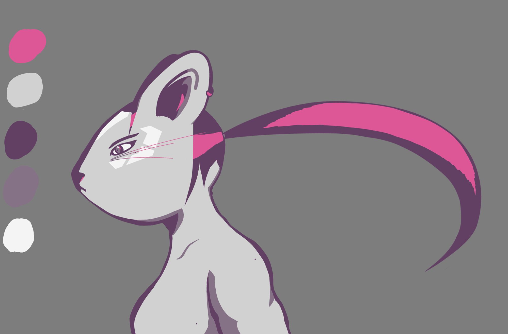 gray anthro mouse with white markings on the face and a long, vibrant magenta ponytail. it's whiskers fade from a dark purple to the same magenta and the back of it's neck has the outline blending into a patch of rougher fur