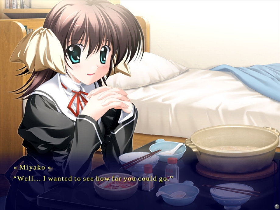 miyako happily staring at hiro over multiple empty bowls on a table.

[text]
miyako: well... I wanted to see how far you could go