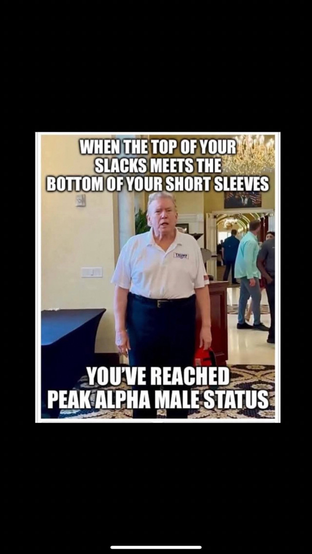 trump looking like the ugly fat fuck he is. "when the top of your slacks meet the bottom of your short sleeves, youve reached
peak alpha male status" 