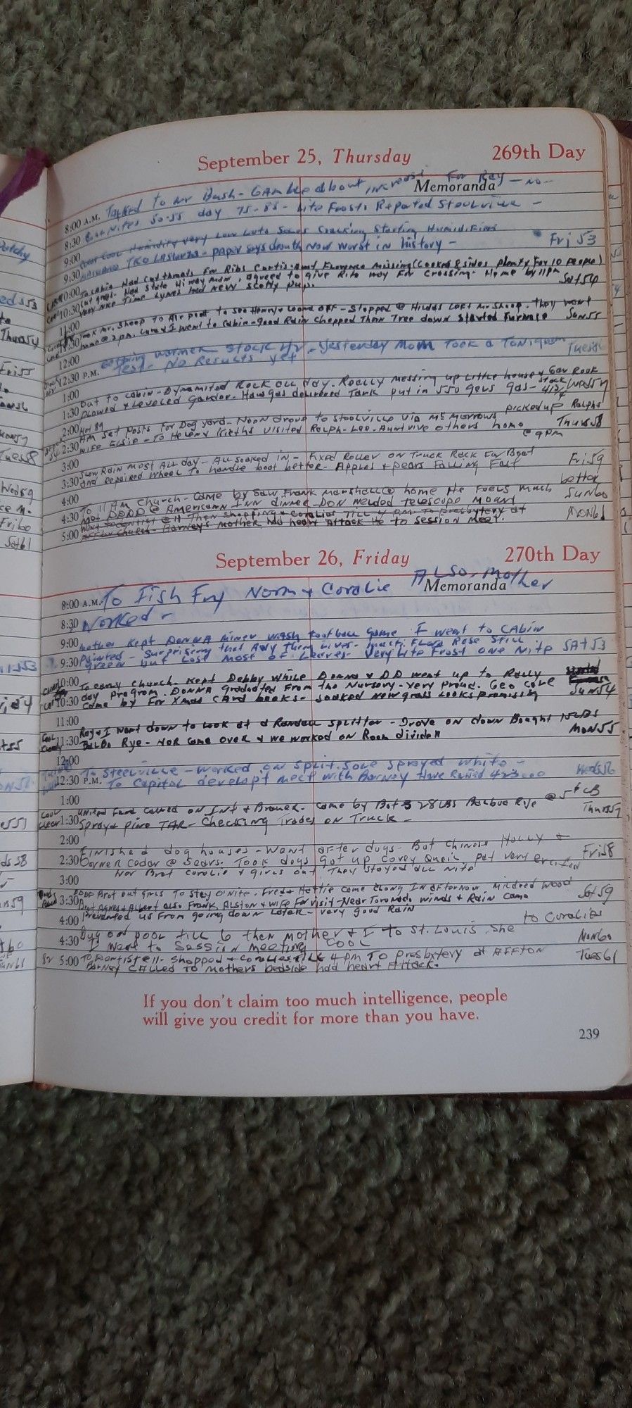 My grandfather was a Brown Shie executive.  He used an Executive Record and travel guide as a diary. Each day has 10 years of notes in very small print. He always notes the temperatures as well. Lots of golf, family visits, church and dr.visits. Things that only a handful of us can remember. In 1958, when I'm mentioned he would've been 58 and I was 2. "Finished dog houses-went after the dogs.Bot Chinese Holly & something I can't make out at Sears. Took dogs got up covey of quail. Pat very excited. Nor brot Coralie and girls out. They stayed all night." Pat was an English Setter.