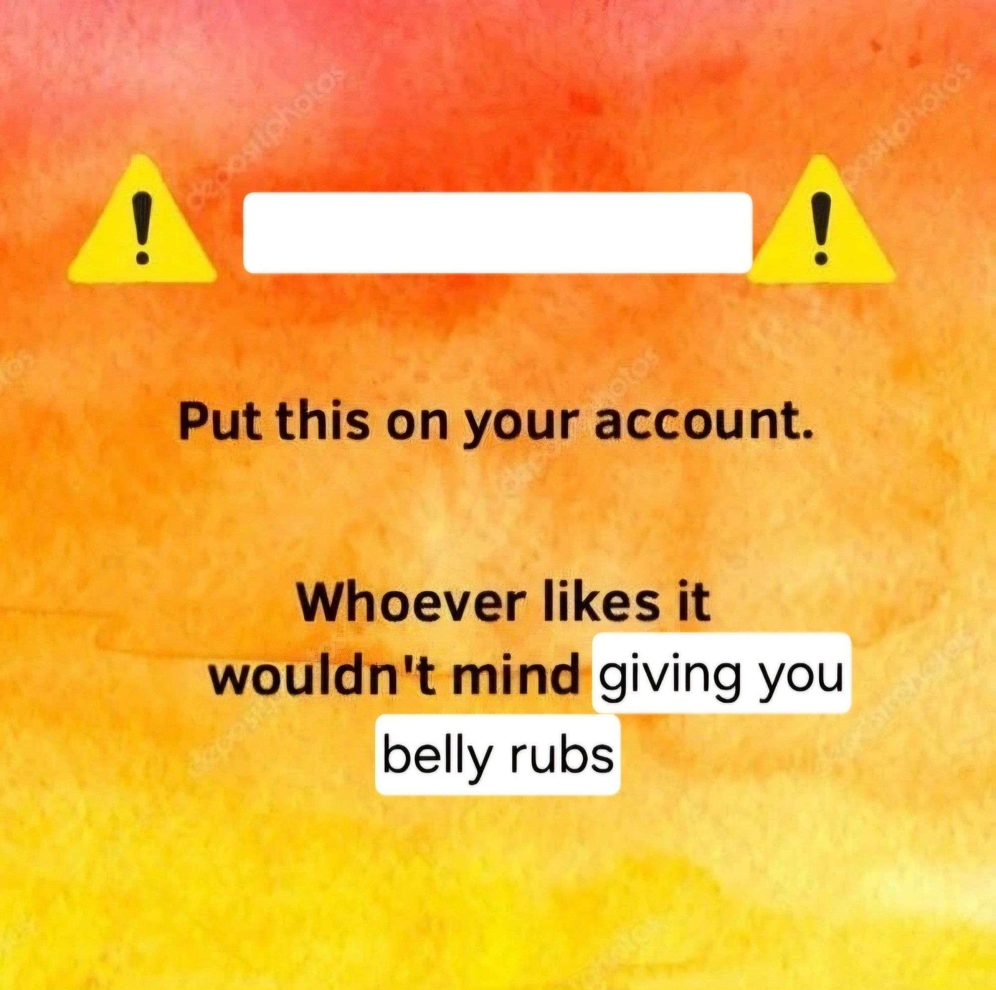 Image of 2 warning signs (⚠️) and text saying, "Put this on your account. Whoever likes it wouldn't mind giving you belly rubs"