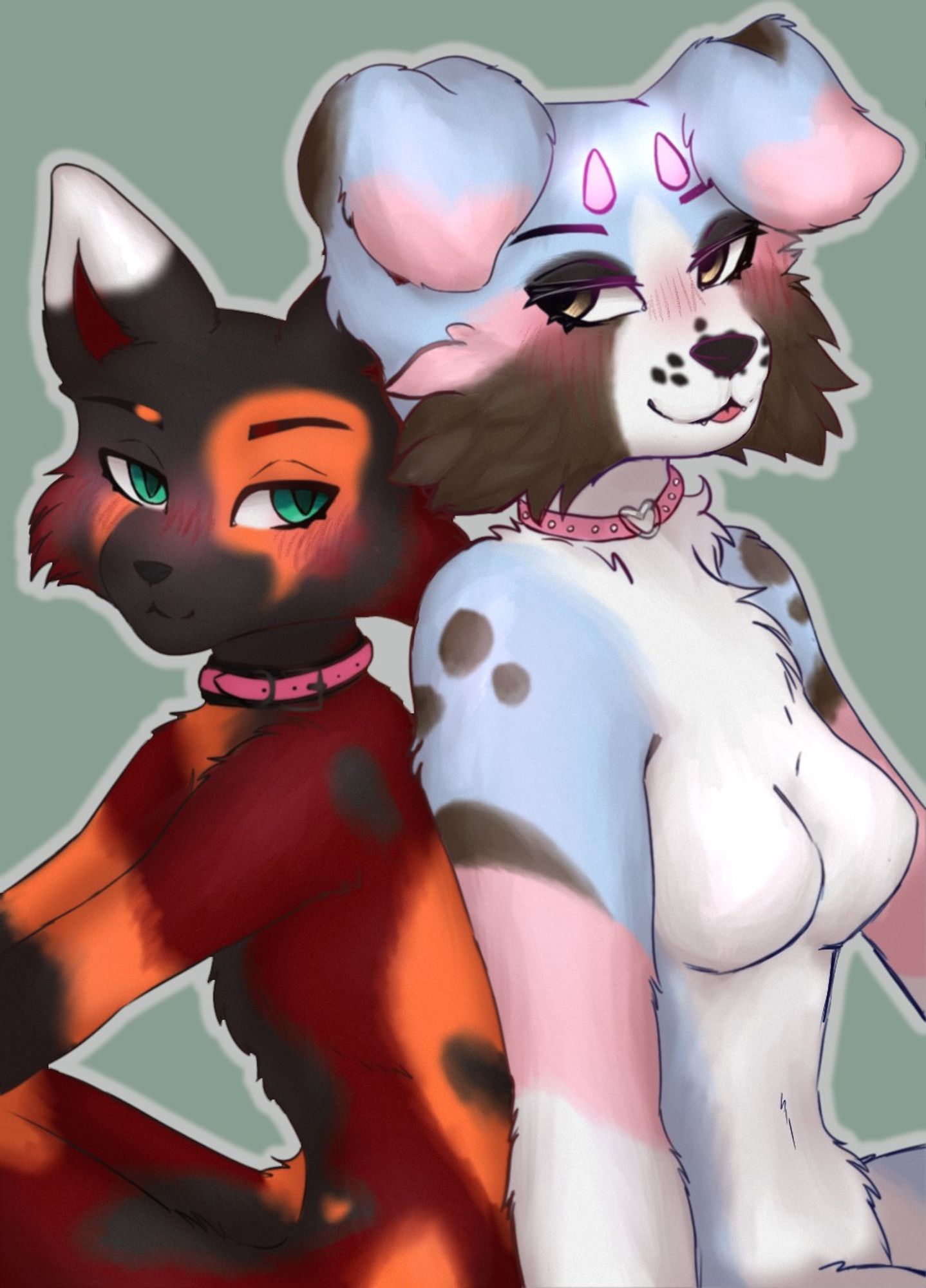 anthro red fox sitting with anthro blue dog