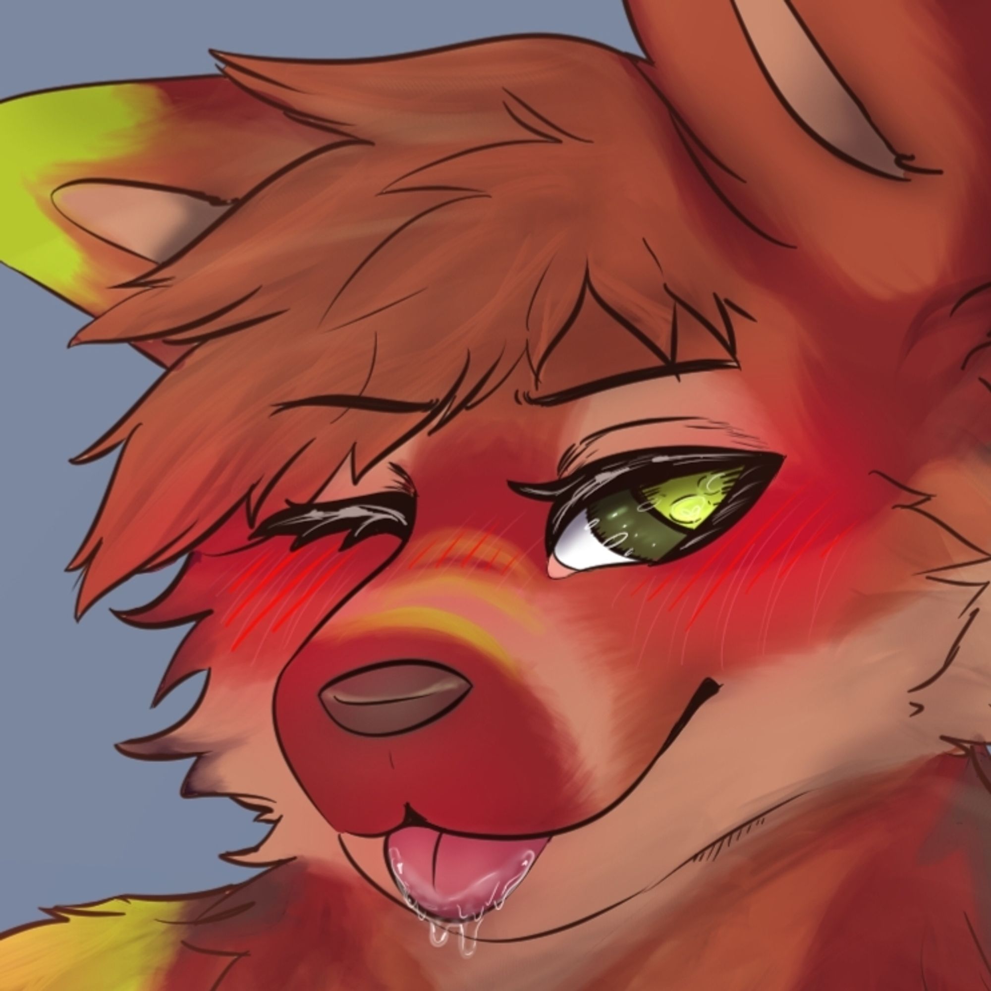 Brown canid headshot green eyes tounge out lots of blush