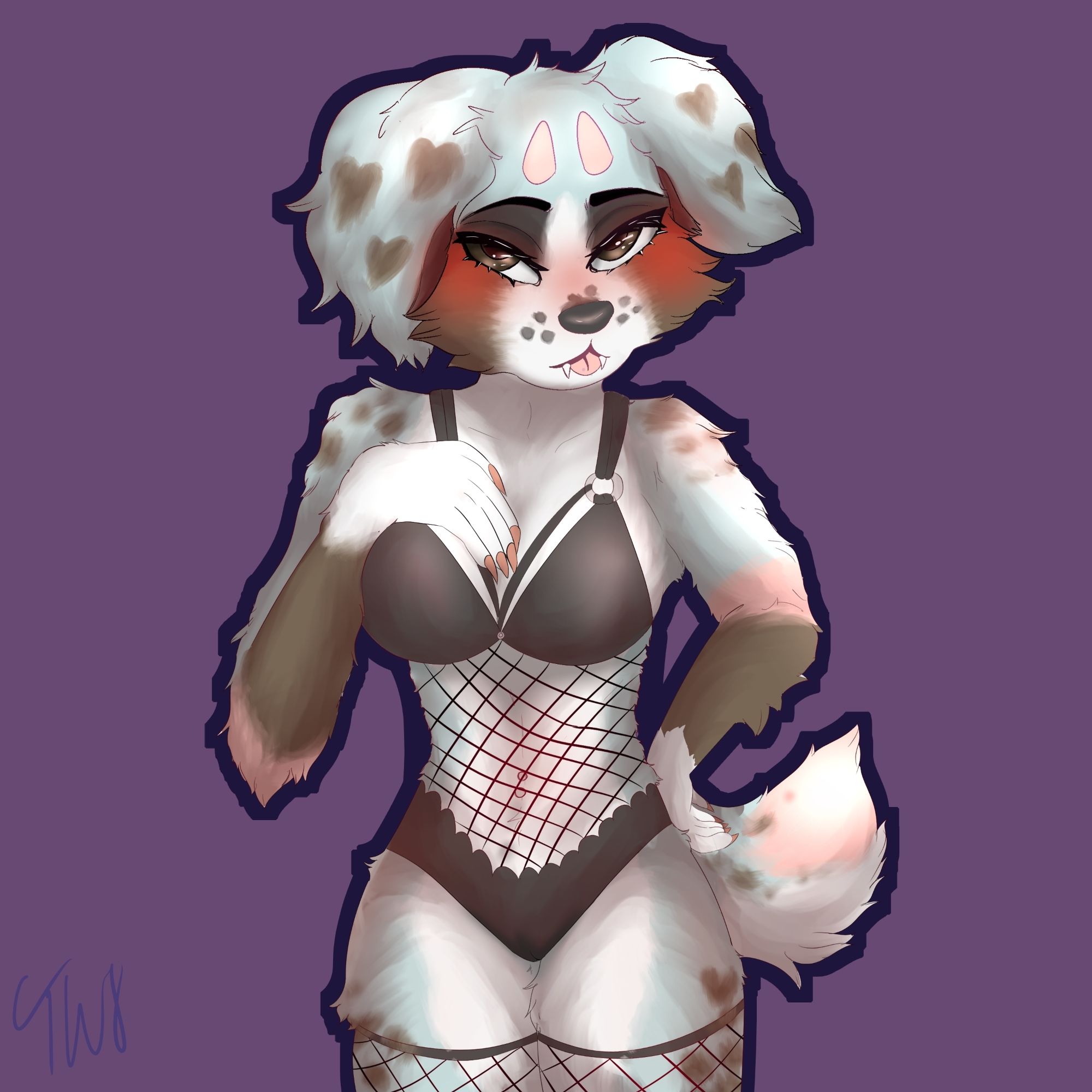 A picture of my fursona in fishnets lingerie