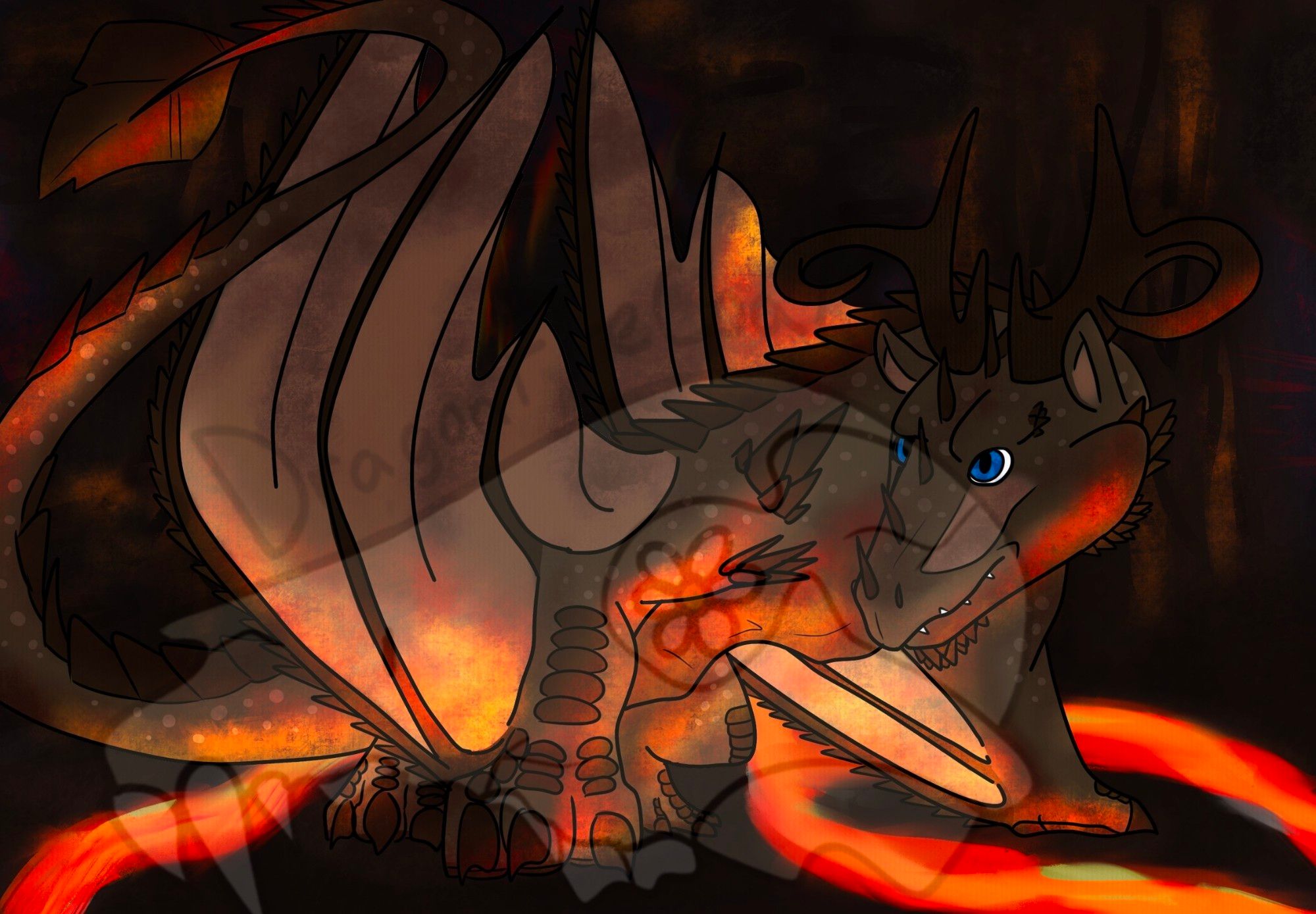 A brown and tan antlered dragon stands in a cave among rivers of lava