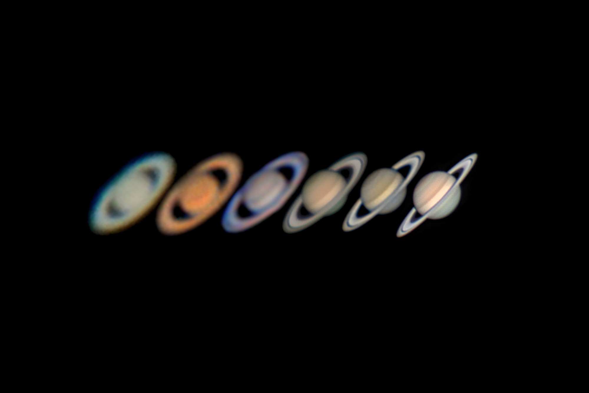 Six telescopic images of Saturn presented in a horizontal row. The clarity improves with each image. The leftmost are blurry, lacking in detail, and strangely coloured (orangey or dull yellow), as they get better, the colour gets more accurate with white rings, and light browns and yellows. The rings start very open, and get gradually more closed.