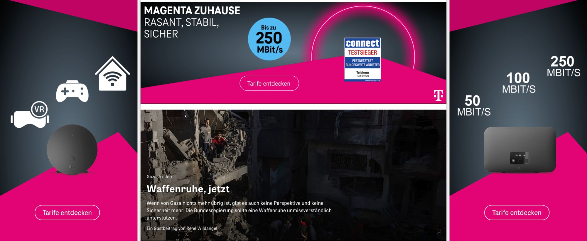 Die Homepage von zeit-online. 3/4 der fläche nimmt werbung für magenta ein