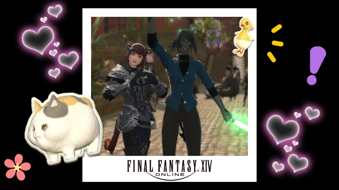 Ffxiv screenshot using the Polaroid frame. Sis is a russet-haired cat girl in the augmented shire drg set, and Chabbi is a xeala cosplaying Fakir from Princess Tutu. Sis is doing /loveheart and Chabbi is doing /cheergreen. There are stickers on both sides where the frame doesn't extend.