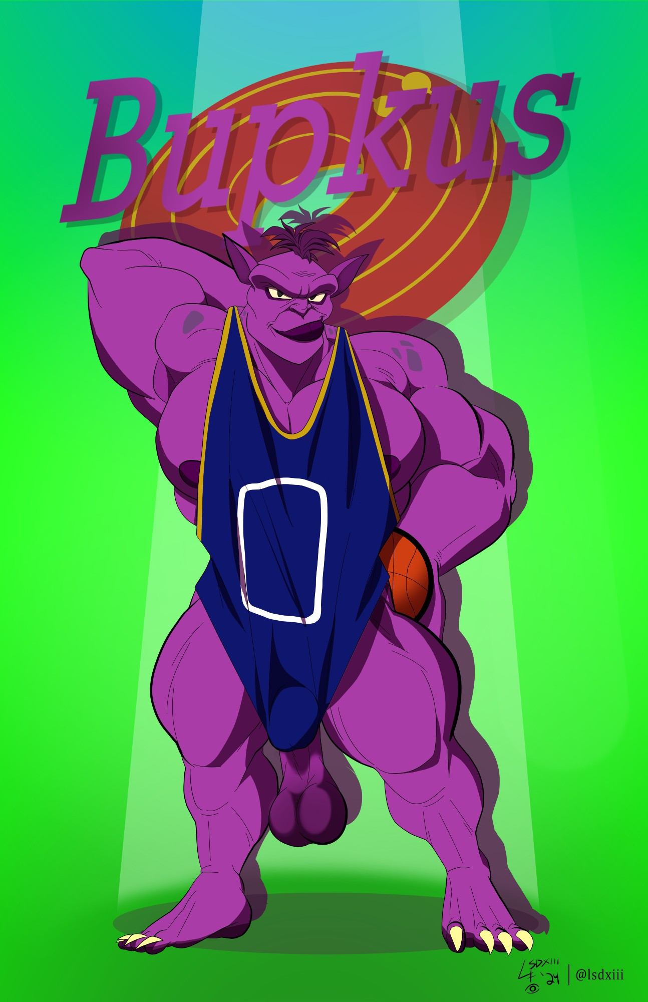 Bupkus, the purple Monstar, flexes while eyeing the viewer. His jersey is stretched down over his cock, playfully hiding it.