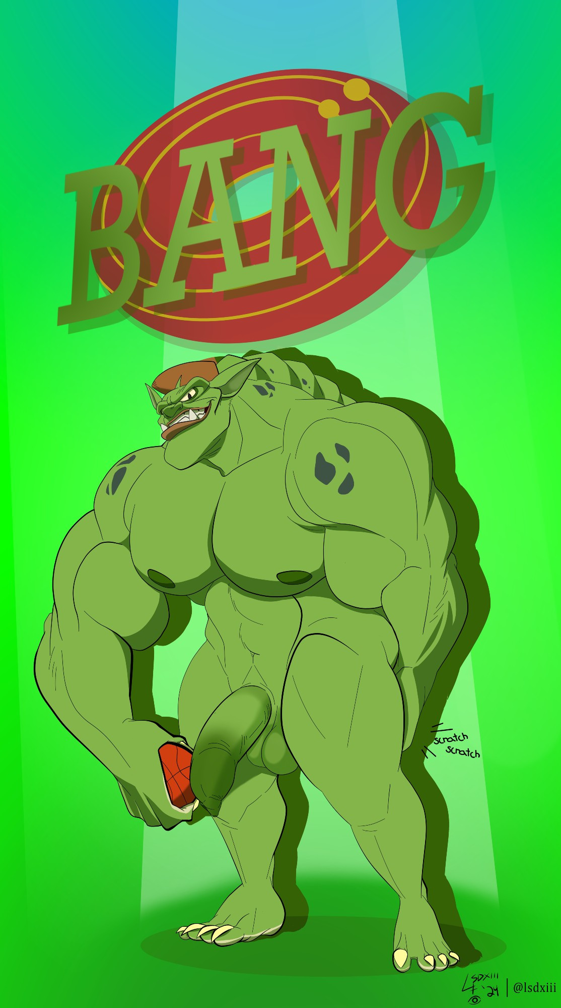 The big green bulk of the Monstars, Bang. He is eyeing the viewer while naked, firmly grasping a basketball.