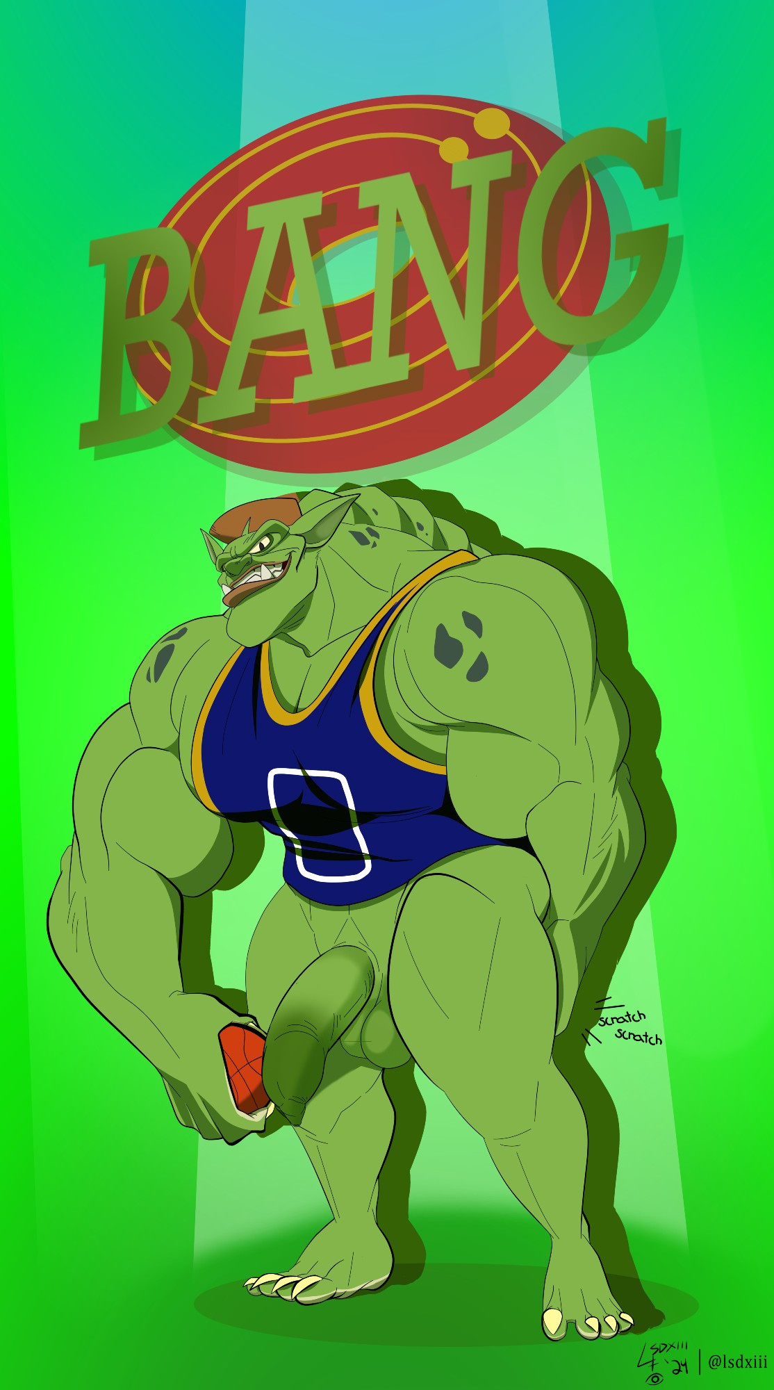 The big green bulk of the Monstars, Bang. He is eyeing the viewer in a jersey with the number 0 printed on it, firmly grasping a basketball.