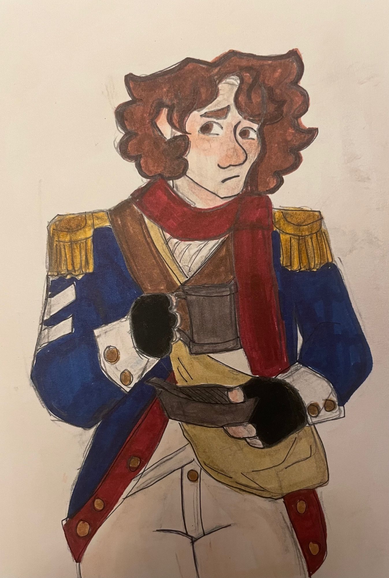 A traditional drawing of character Tubbo. He is wearing his original navy L’manburg uniform, with an extra crossbody bag and scarf. In his hands he holds a mug and a plate. His expression seems confused.