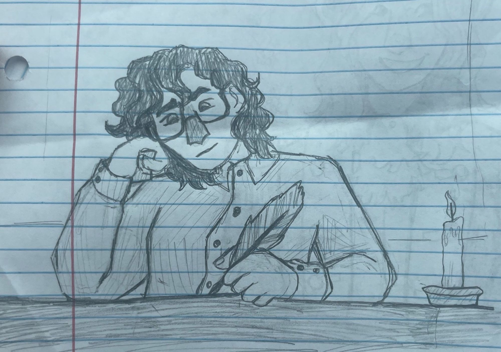 A traditional sketch of character Wilbur. In his hand is a quill, and he rests both elbows on the desk. He is resting his head in his other hand, looking down at the paper confused. Beside him is a candle, with wax dripping into a dish.